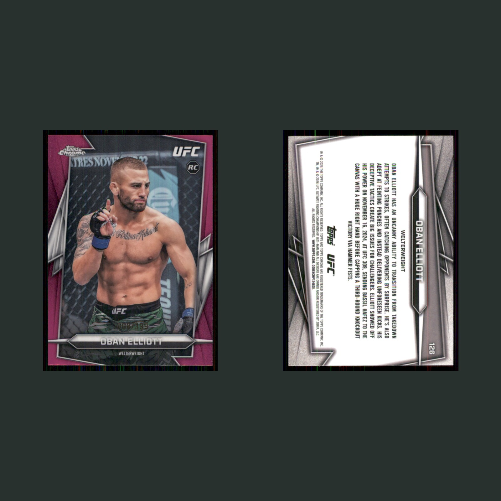 Oban Elliott Rookie /399 #126 2026 Topps Chrome UFC Magenta Refractor MMA Card front and back scans. Card condition is Near Mint.