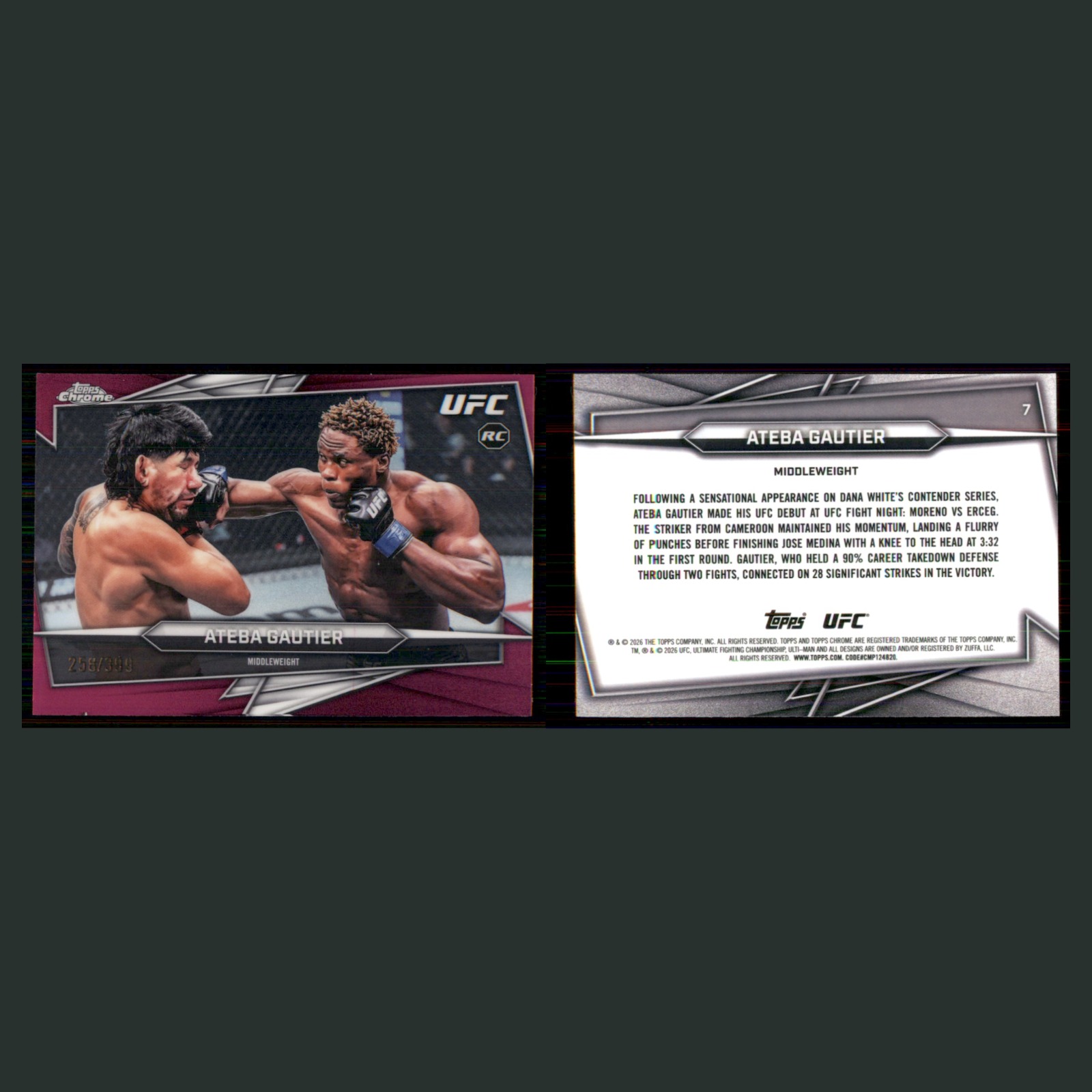 Ateba Gautier Rookie /399 #7 2026 Topps Chrome UFC Magenta Refractor MMA Card front and back scans. Card condition is Near Mint.