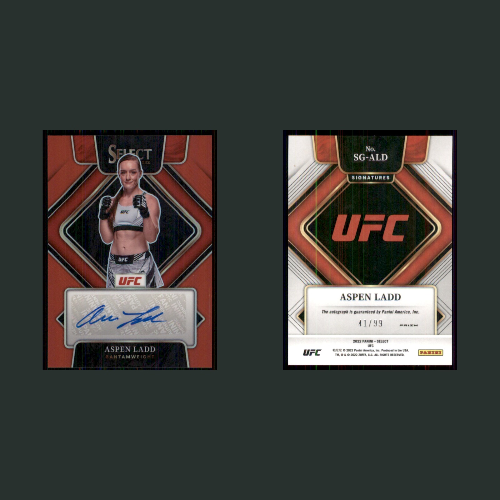 Aspen Ladd Auto /99 #SG-ALD 2022 Panini Select UFC Signatures Red Prizm MMA Card front and back scans. Card condition is Near Mint.
