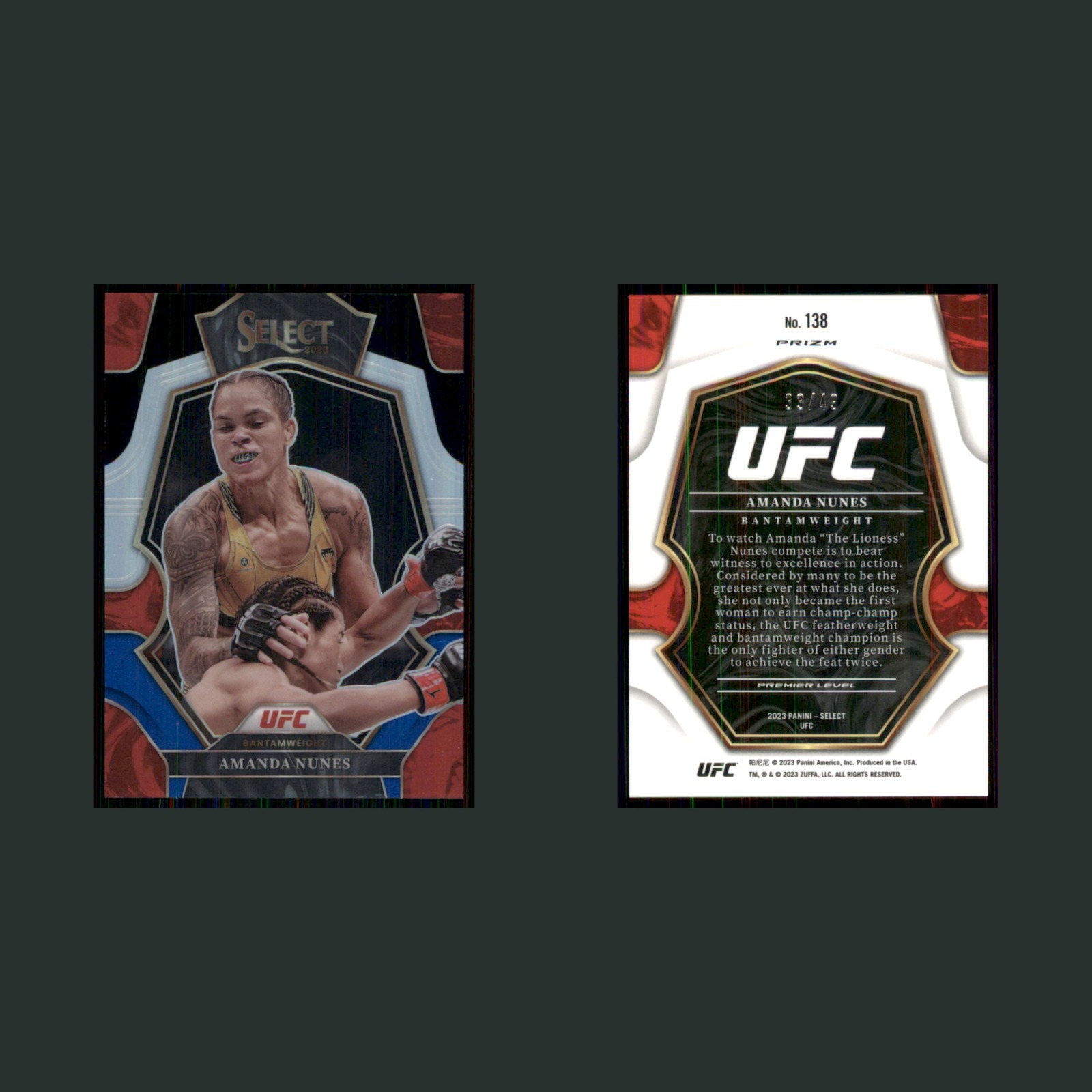 Amanda Nunes /49 #138 2023 Panini Select UFC Prizm MMA Card front and back scans. Card condition is Near Mint.