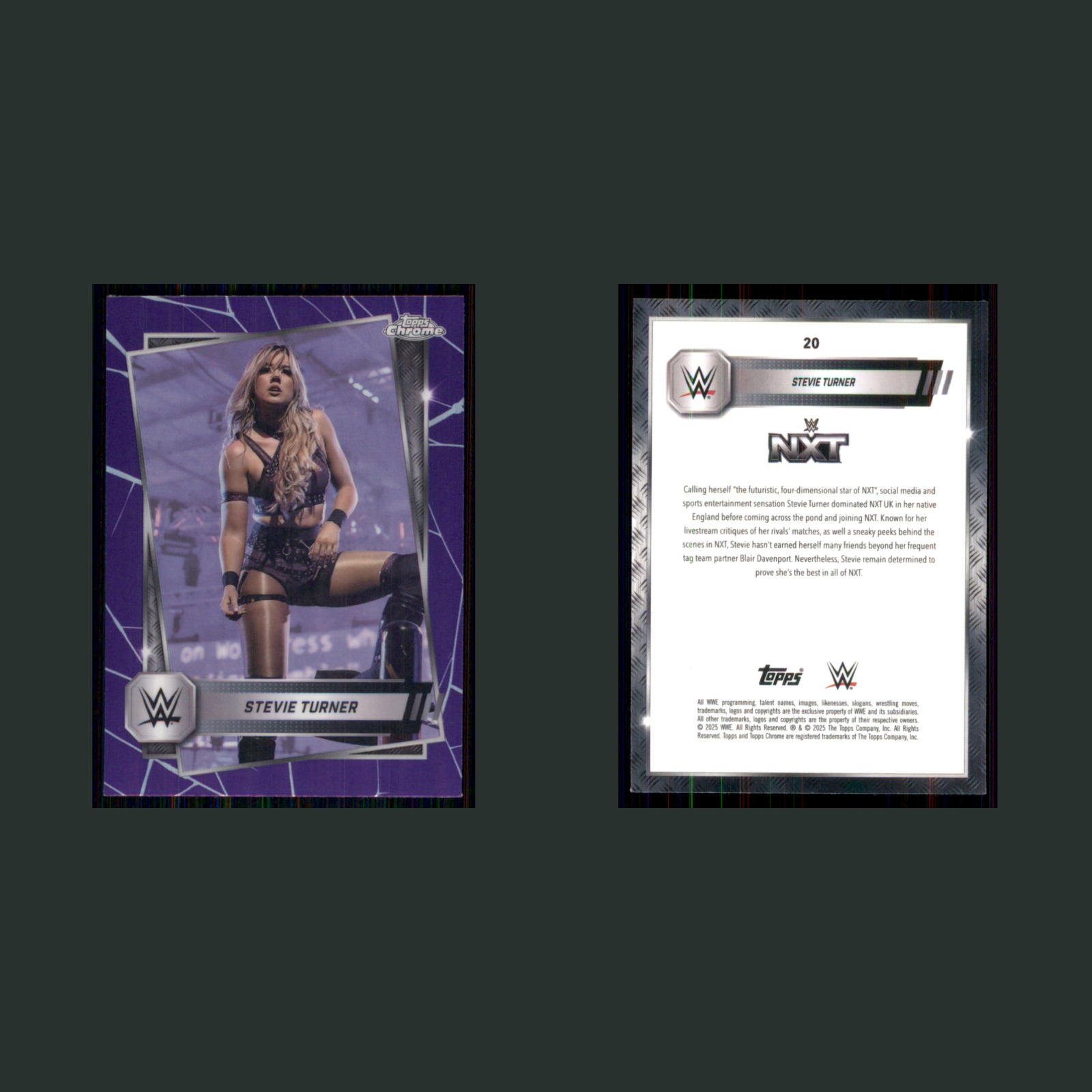 Stevie Turner #20 2025 Topps Chrome WWE Purple Refractor NXT Wrestling Card front and back scans. Card condition is Near Mint.