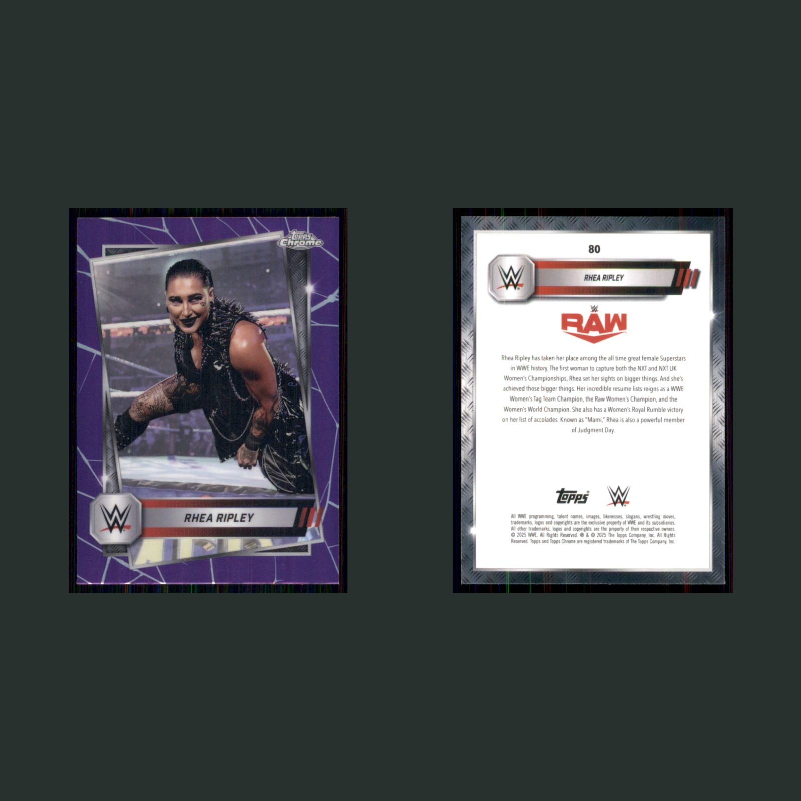 Rhea Ripley #80 2025 Topps Chrome WWE Purple Refractor RAW Wrestling Card front and back scans. Card condition is Near Mint.