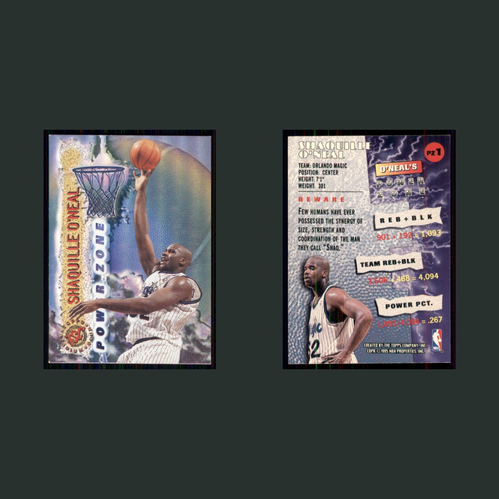 Shaquille O'Neal #PZ1 Shaq 1995-96 Topps Stadium Club Power Zone Orlando Magic front and back scans. Card condition is Excellent.