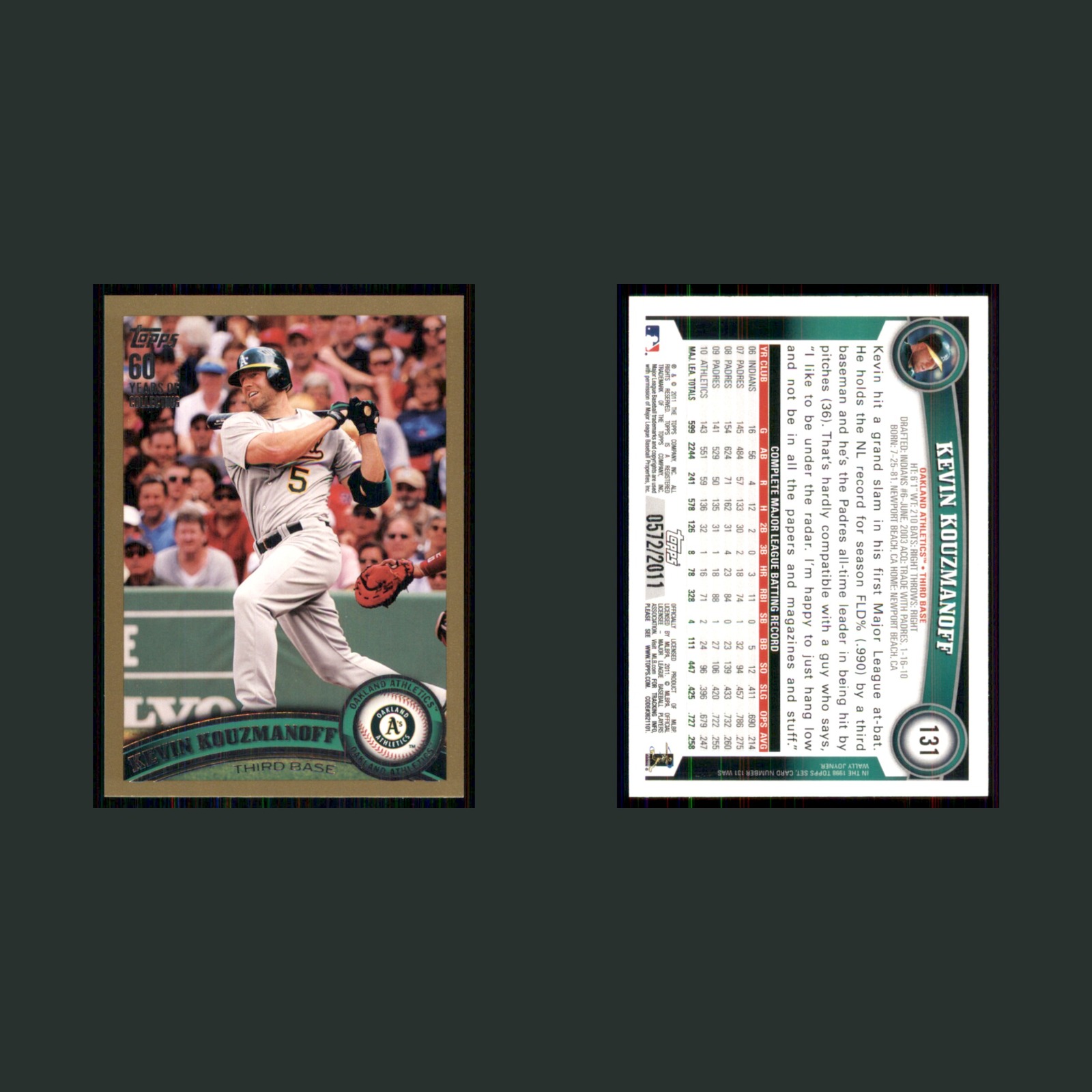Kevin Kouzmanoff /2011 #131 2011 Topps Gold Oakland Athletics Baseball Card MLB front and back scans. Card condition is Near Mint.