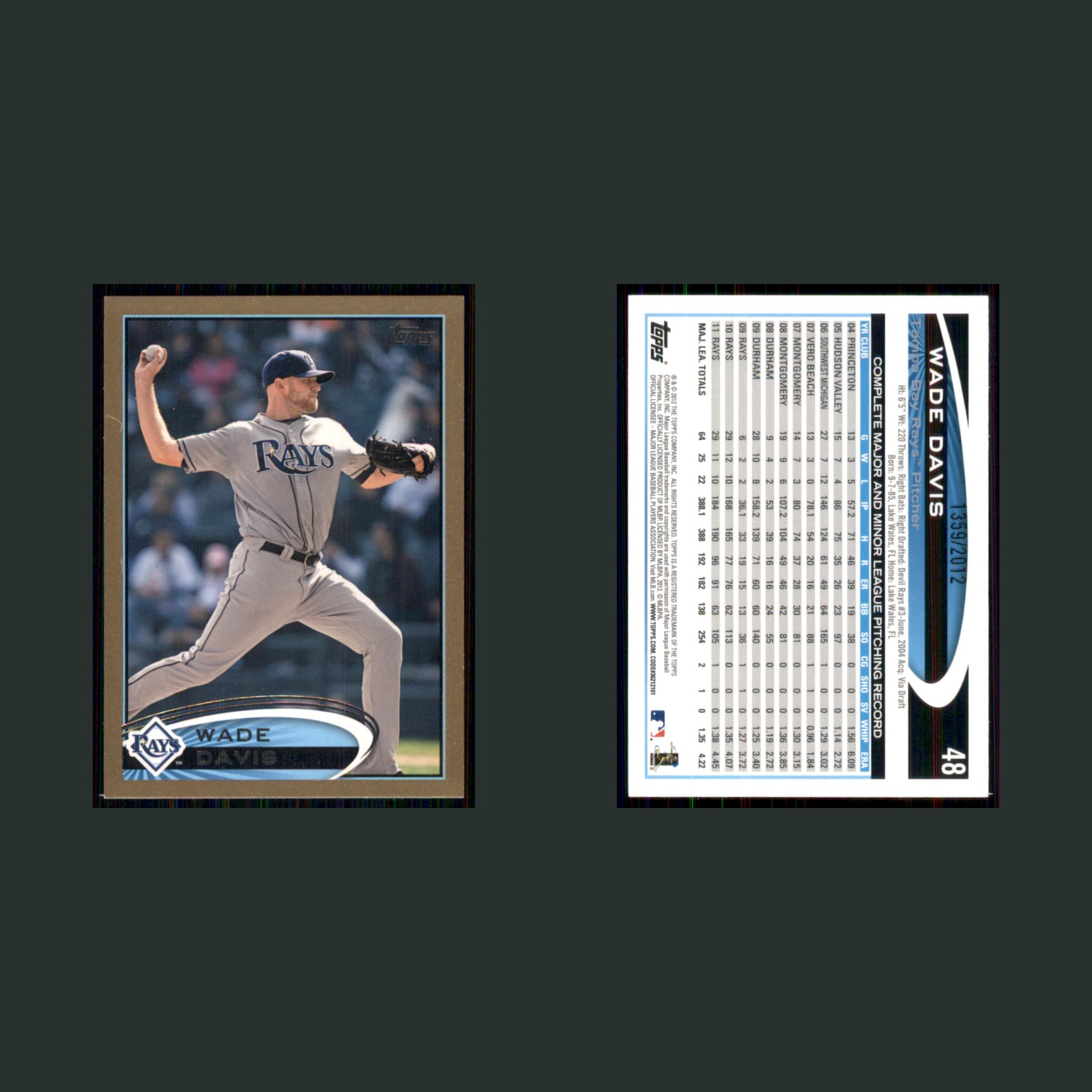 Wade Davis /2012 #48 2012 Topps Gold Tampa Bay Rays Baseball Card MLB front and back scans. Card condition is Excellent.