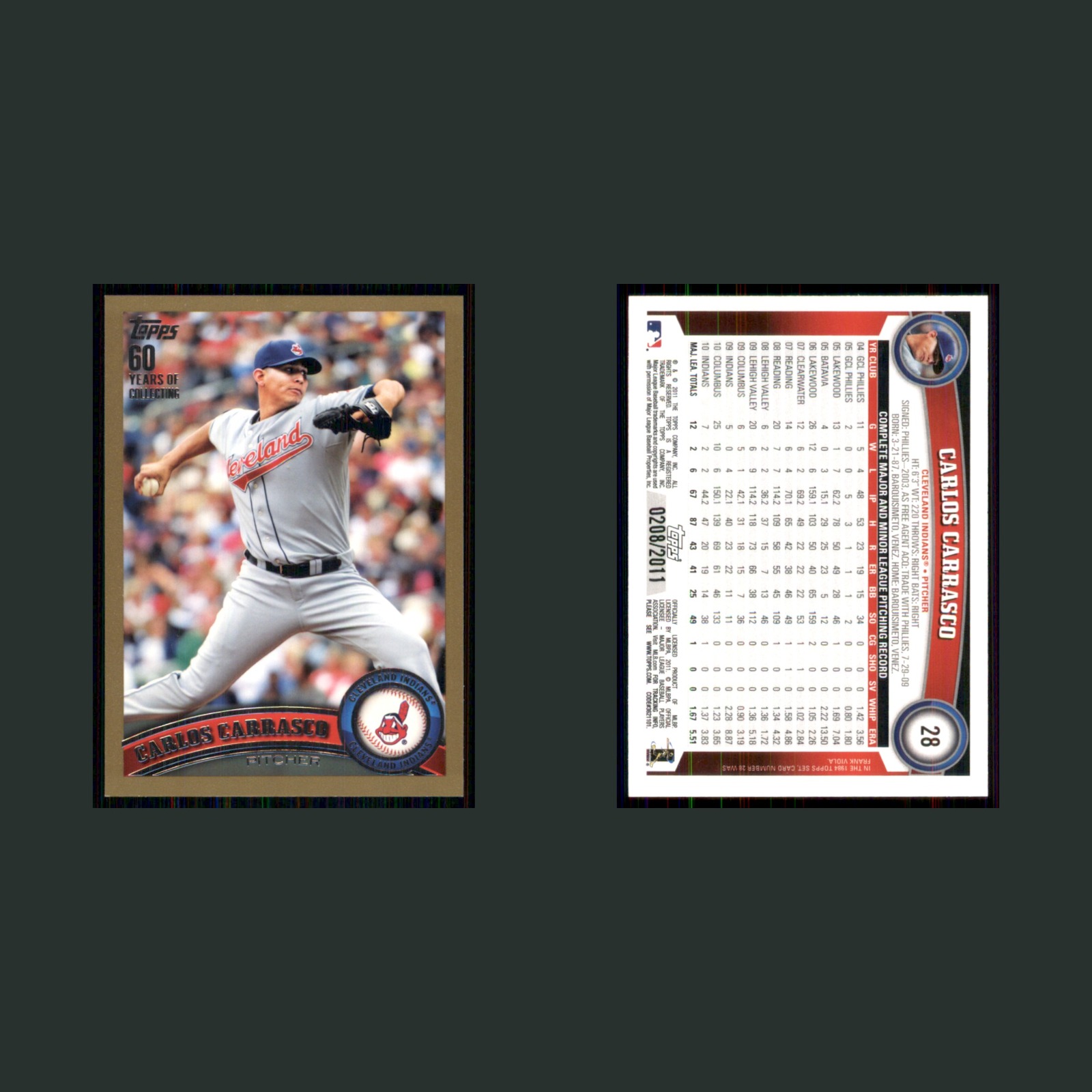 Carlos Carrasco /2011 #28 2011 Topps Gold Cleveland Indians Baseball Card MLB front and back scans. Card condition is Near Mint.