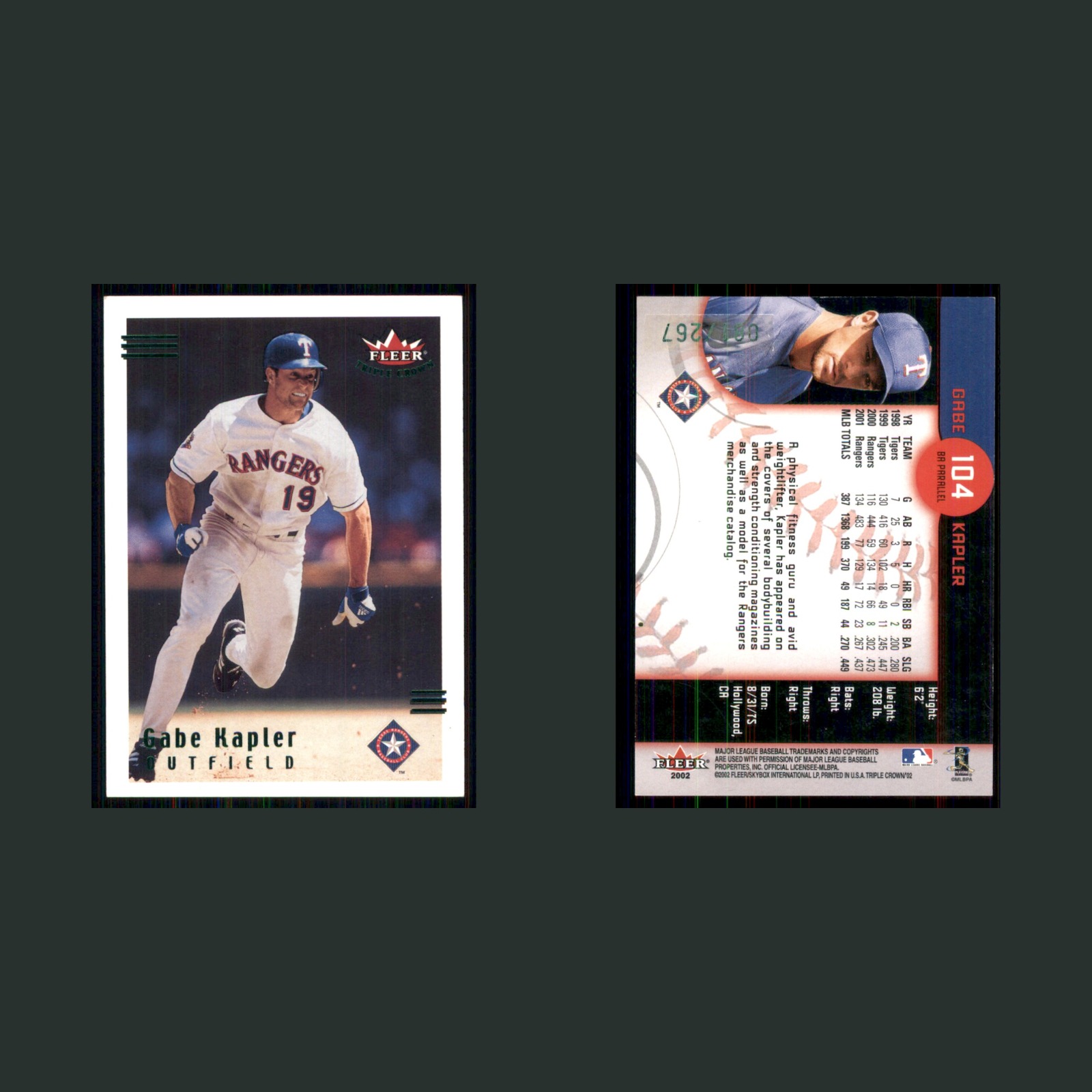 Gabe Kapler /267 #104 2002 Fleer Triple Crown Batting Average Texas Rangers Card front and back scans. Card condition is Near Mint.
