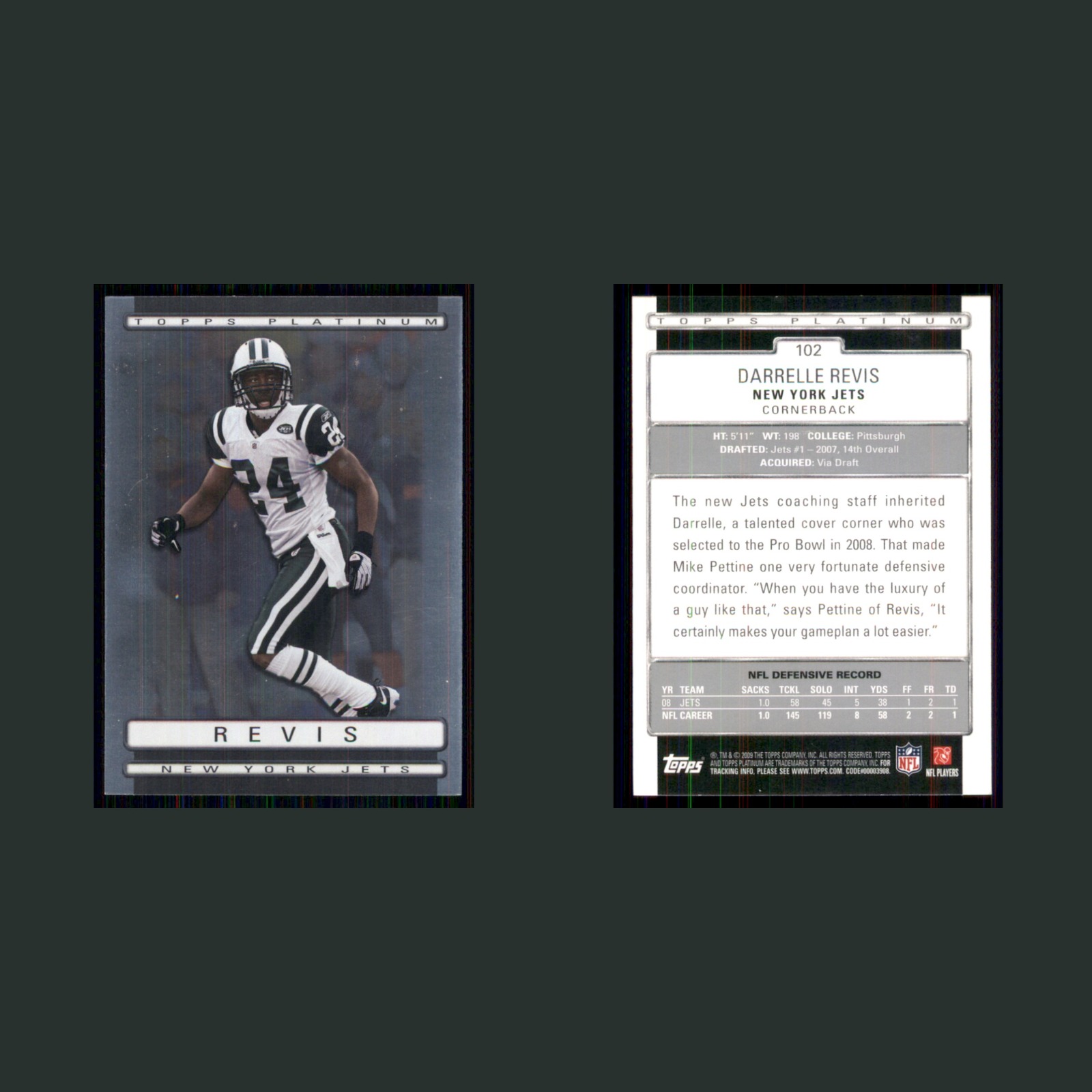 Darrelle Revis #102 2009 Topps Platinum New York Jets Football Card NFL front and back scans. Card condition is Near Mint.