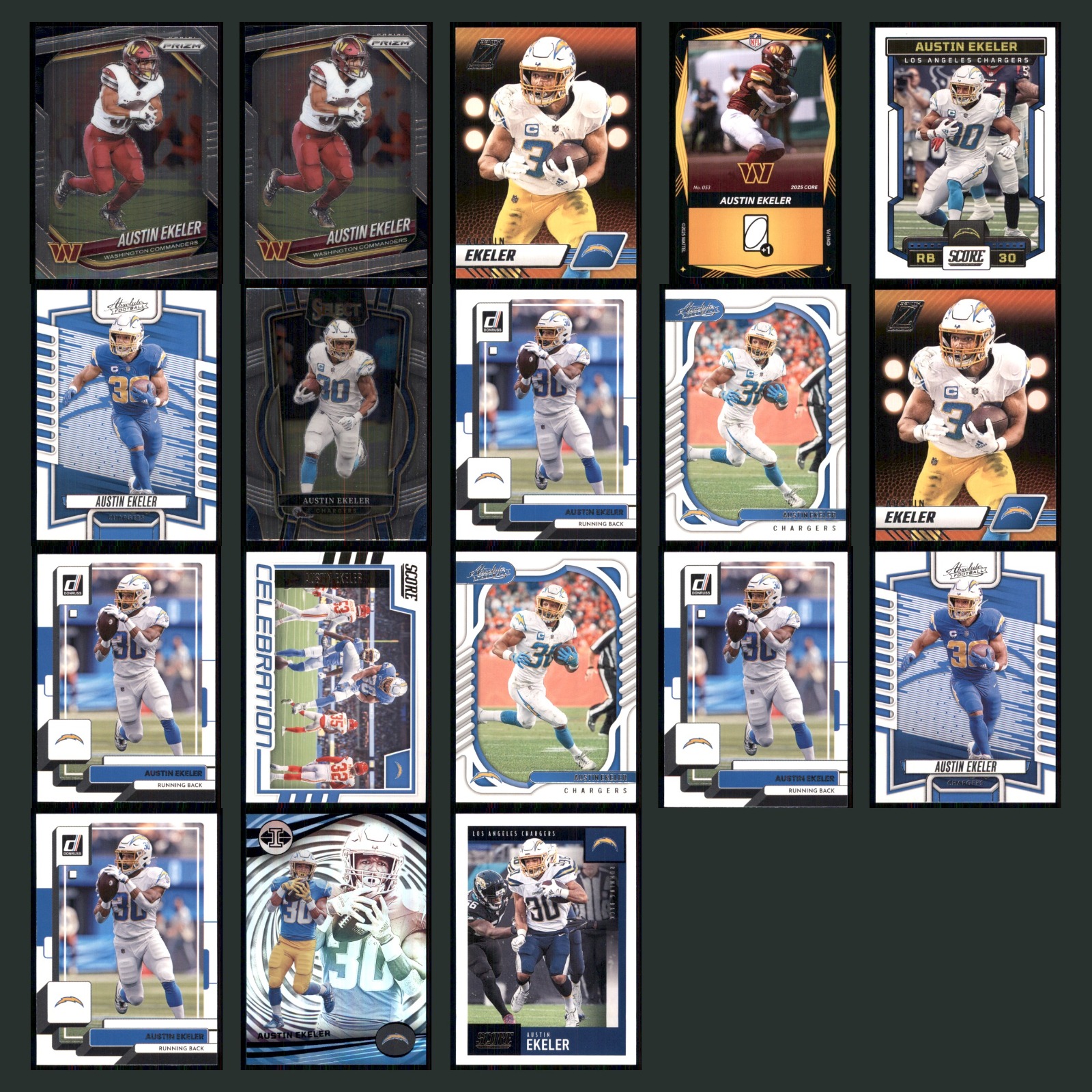 Austin Ekeler Lot 18 Football Cards 2025 Panini Prizm Set Collection NFL NM card scans. Overall card condition is Near Mint.