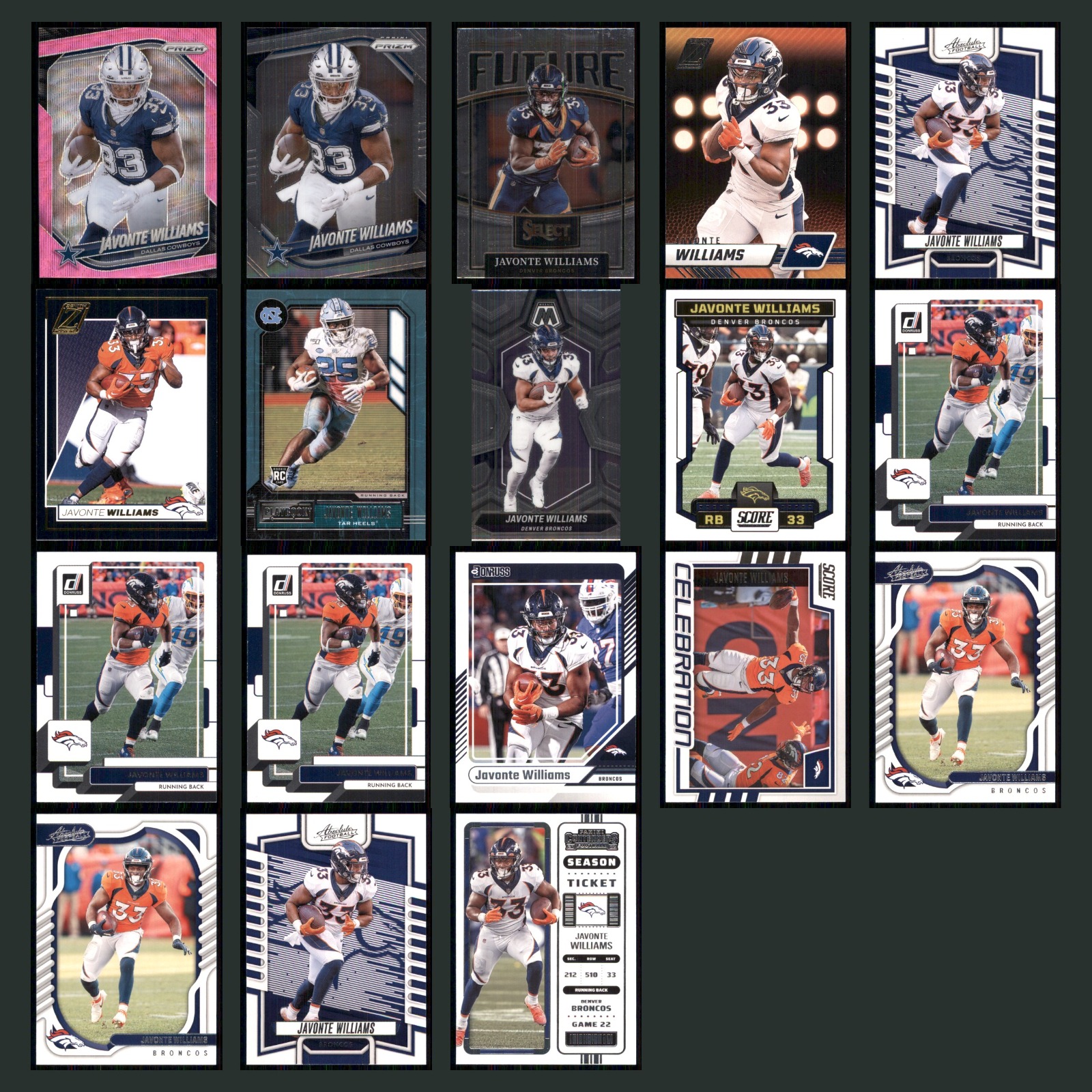 Javonte Williams Lot 18 Football Cards 2025 Panini Prizm Set Collection NFL NM card scans. Overall card condition is Near Mint.