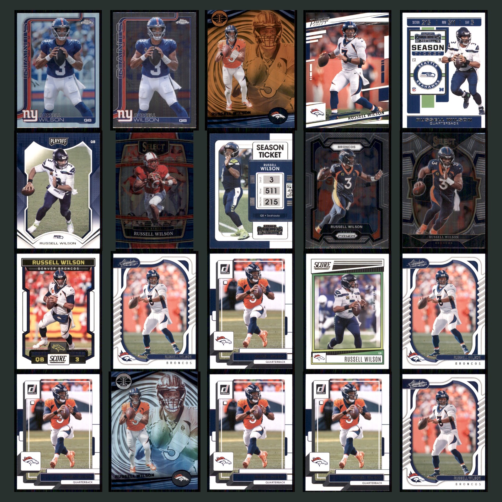 Russell Wilson Lot 20 Football Cards 2025 Topps Chrome Set Collection NFL NM card scans. Overall card condition is Near Mint.