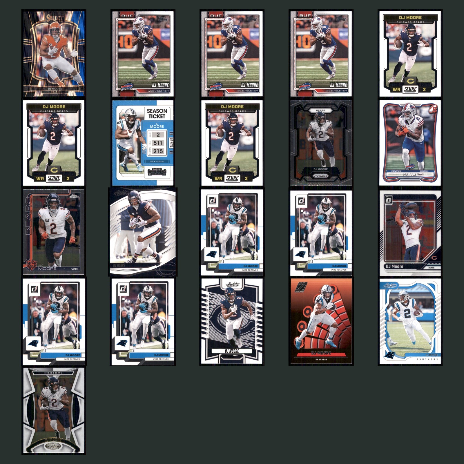 DJ Moore Lot 21 Football Cards 2025 Panini Select Set Collection NFL NM card scans. Overall card condition is Near Mint.