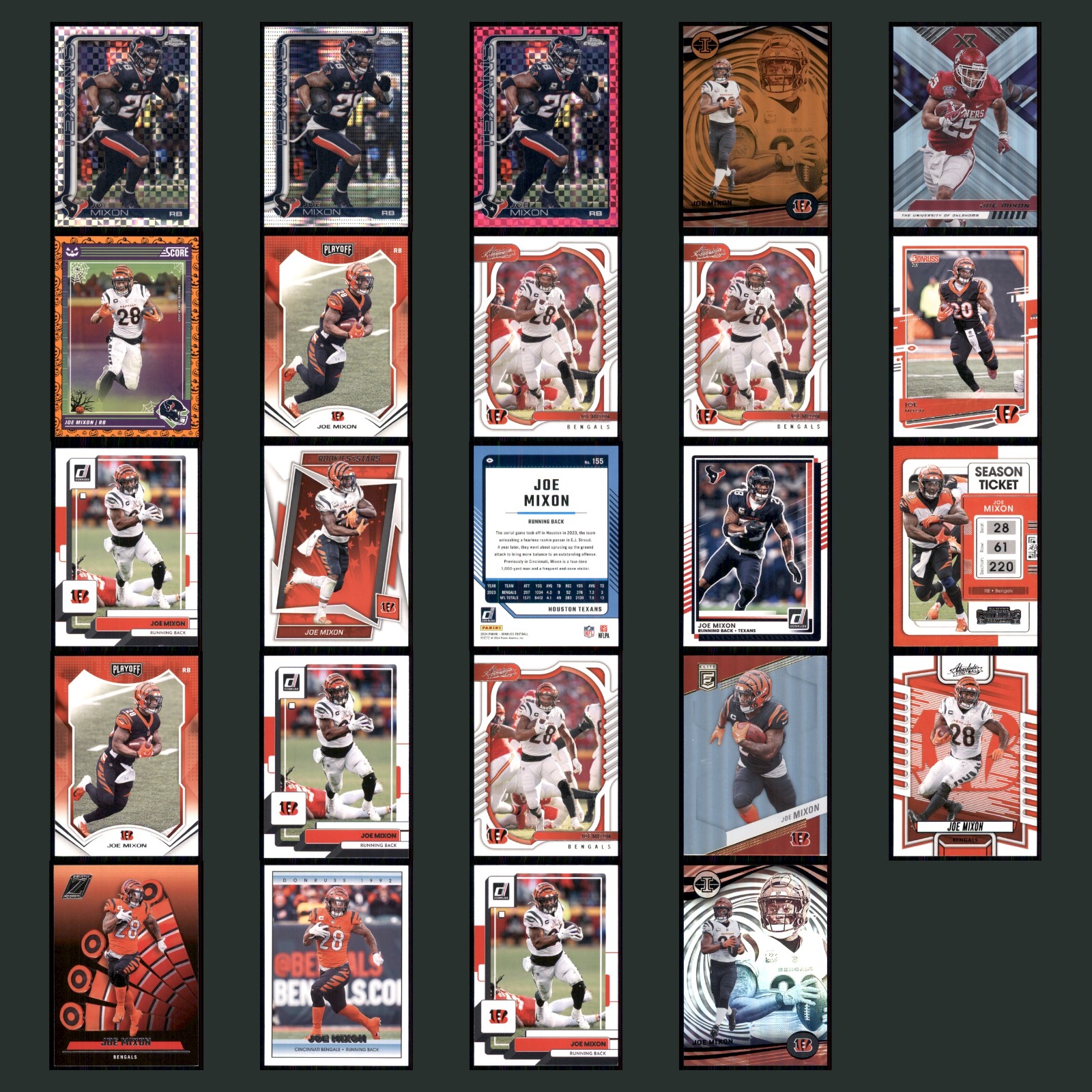 Joe Mixon Lot 24 Football Cards 2025 Topps Chrome Set Collection NFL NM card scans. Overall card condition is Near Mint.
