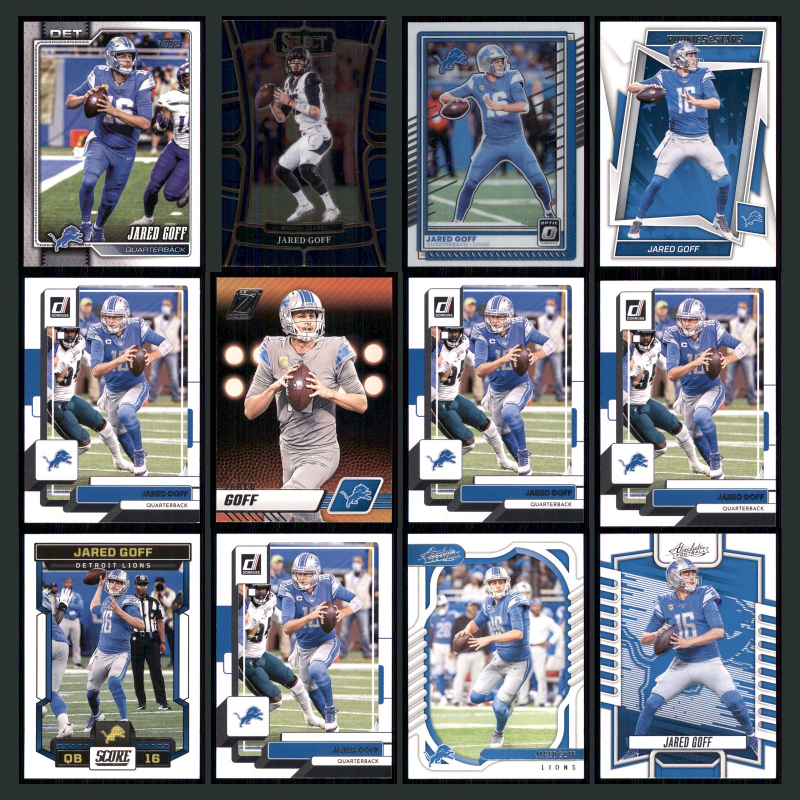 Jared Goff Lot 12 Football Cards 2026 Topps Flagship Set Collection NFL NM card scans. Overall card condition is Near Mint.