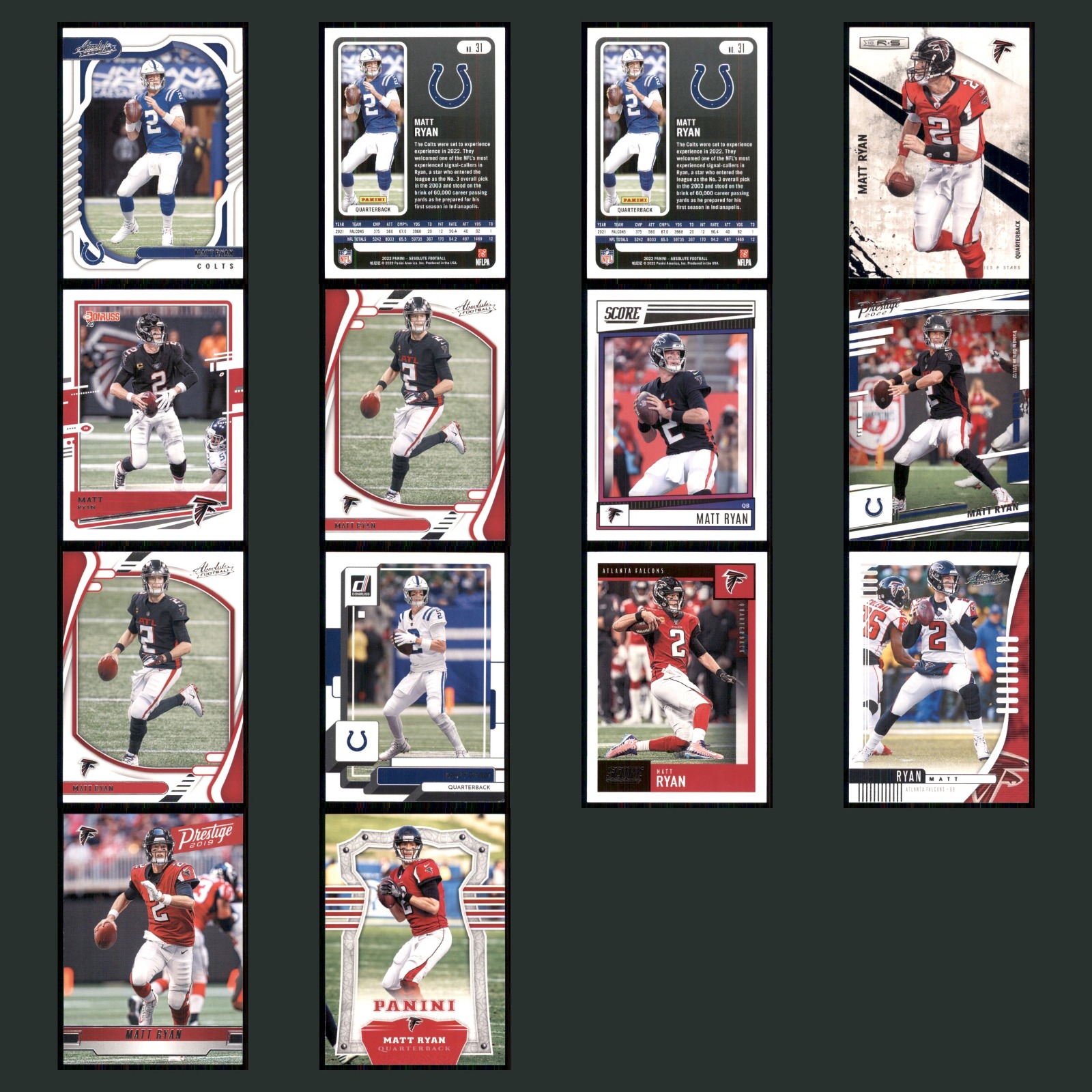 Matt Ryan Lot 14 Football Cards 2022 Panini Absolute Indianapolis Colts Set NFL card scans. Overall card condition is Near Mint.