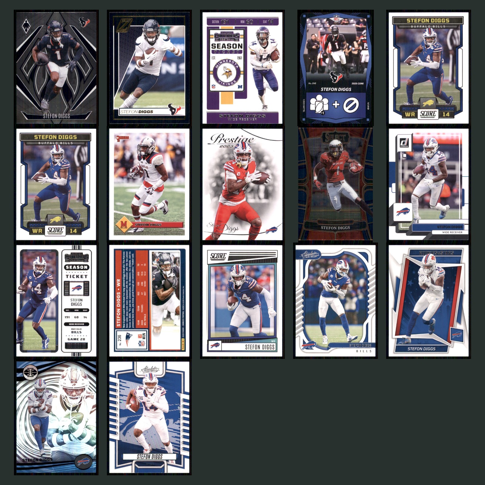 Stefon Diggs Lot 17 Football Cards 2024 Panini Phoenix Set Collection NFL NM card scans. Overall card condition is Near Mint.