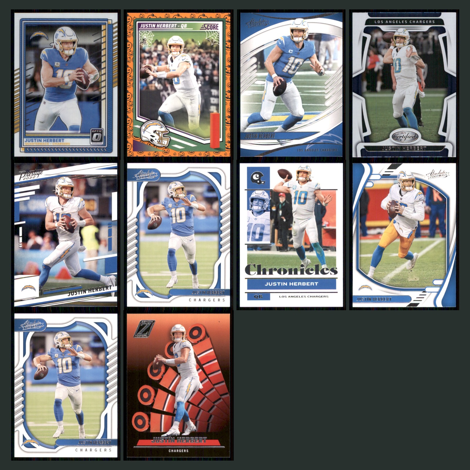 Justin Herbert Lot 10 Football Cards 2025 Panini Donruss Optic Set Collection NM card scans. Overall card condition is Near Mint.