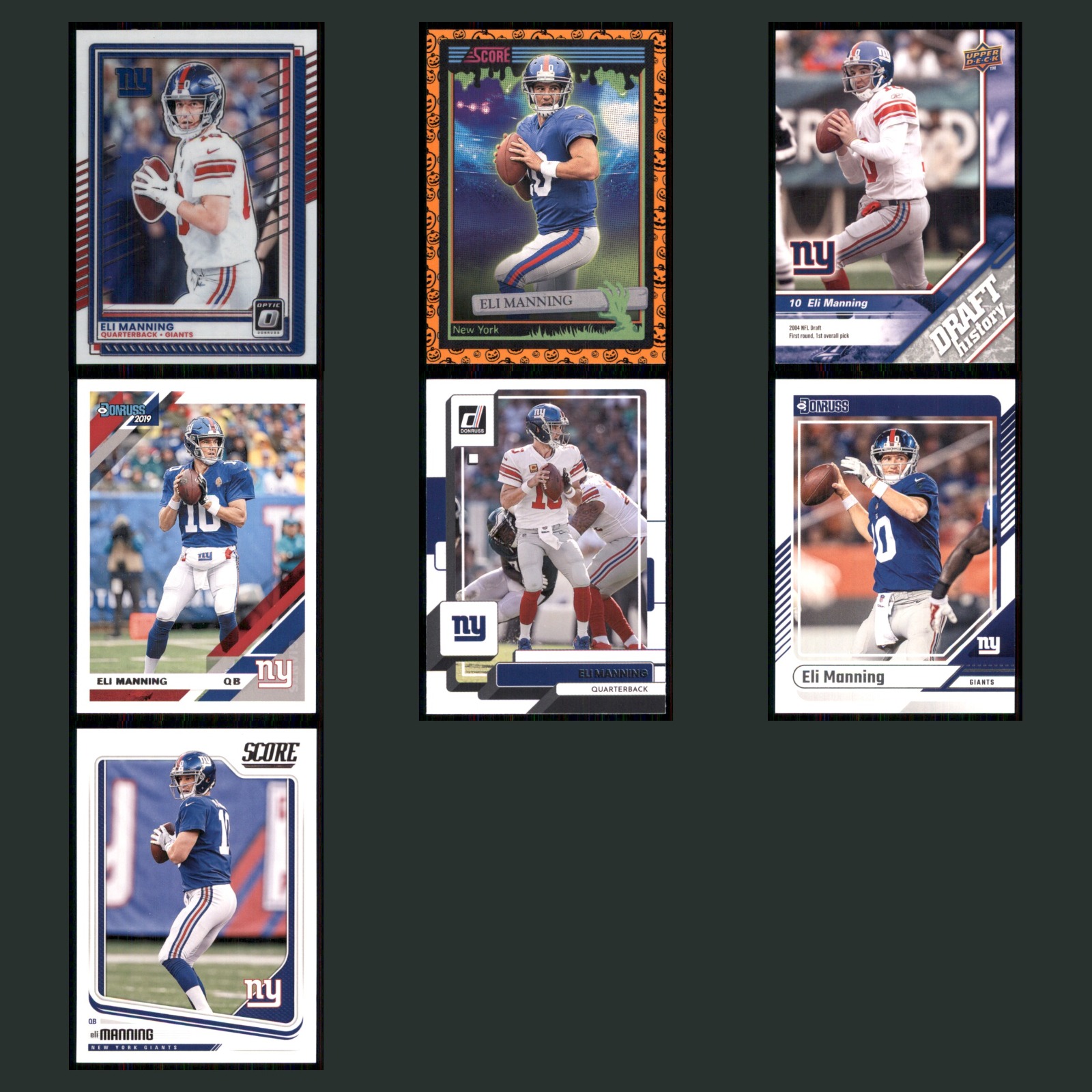 Eli Manning Lot 7 Football Cards 2025 Panini Donruss Optic Set Collection NFL NM card scans. Overall card condition is Near Mint.