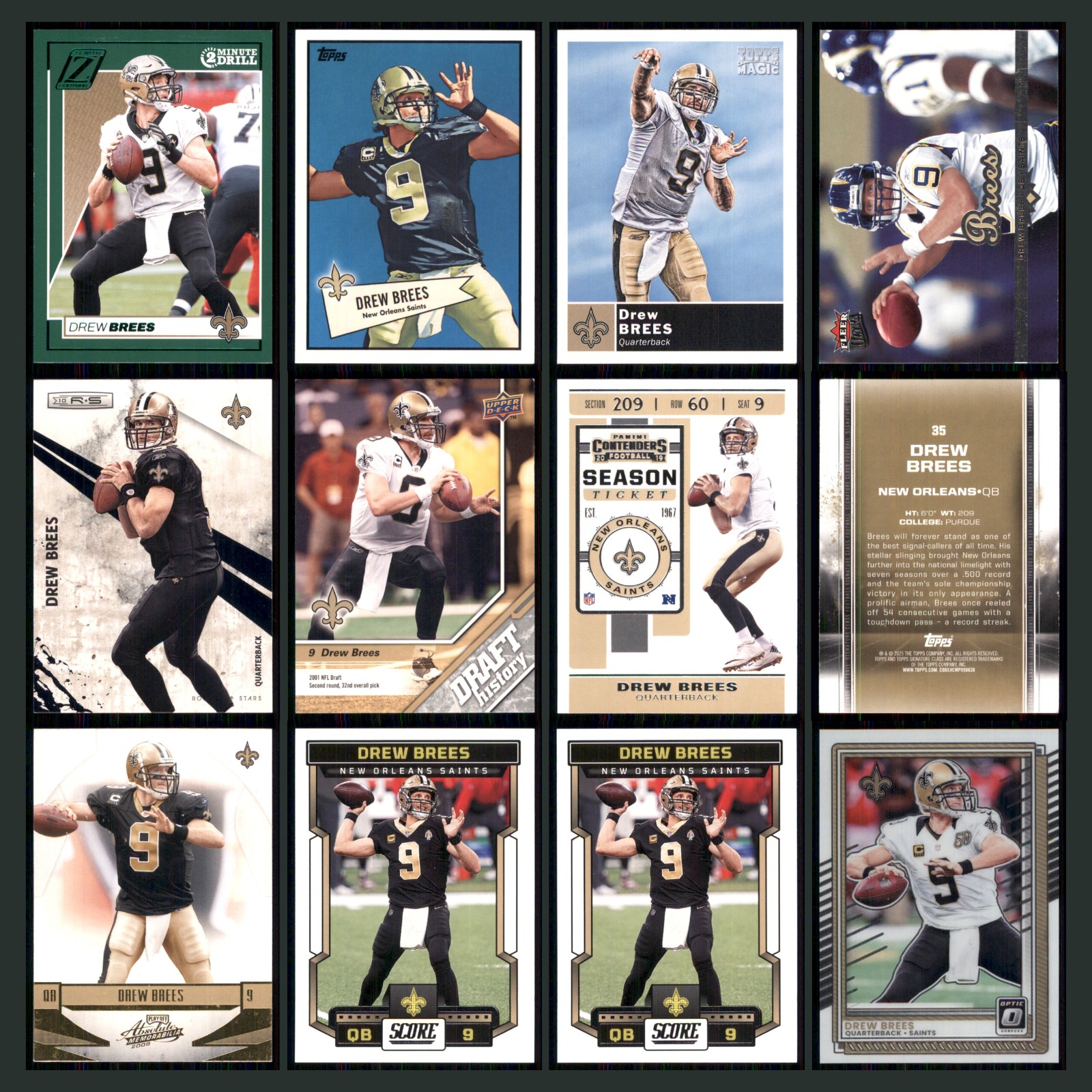 Drew Brees Lot 12 Football Cards 2024 Panini Zenth New Orleans Saints Set NFL NM card scans. Overall card condition is Near Mint.