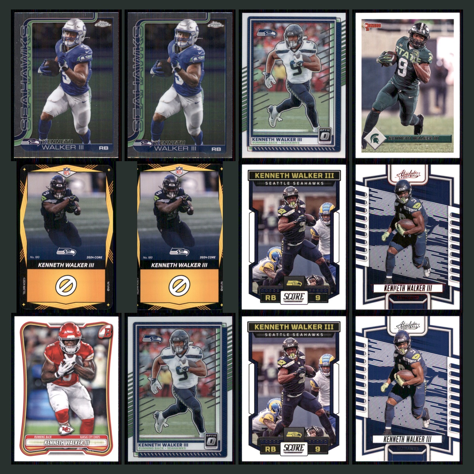 Kenneth Walker III Lot 12 Football Cards 2025 Topps Chrome Set Collection NFL NM card scans. Overall card condition is Near Mint.