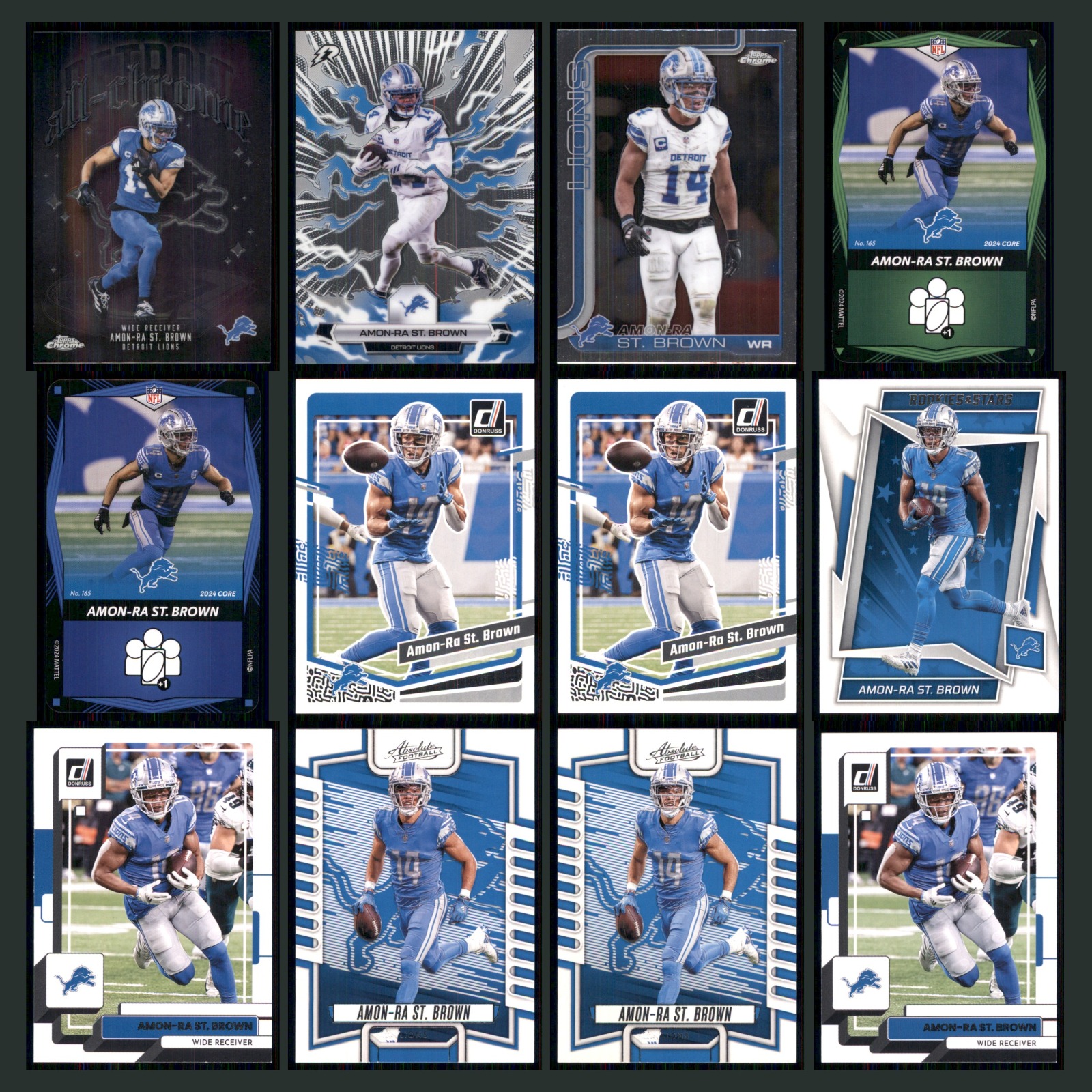Amon-Ra St. Brown Lot 12 Football Cards 2025 Topps Chrome Detroit Lions Set NFL card scans. Overall card condition is Near Mint.