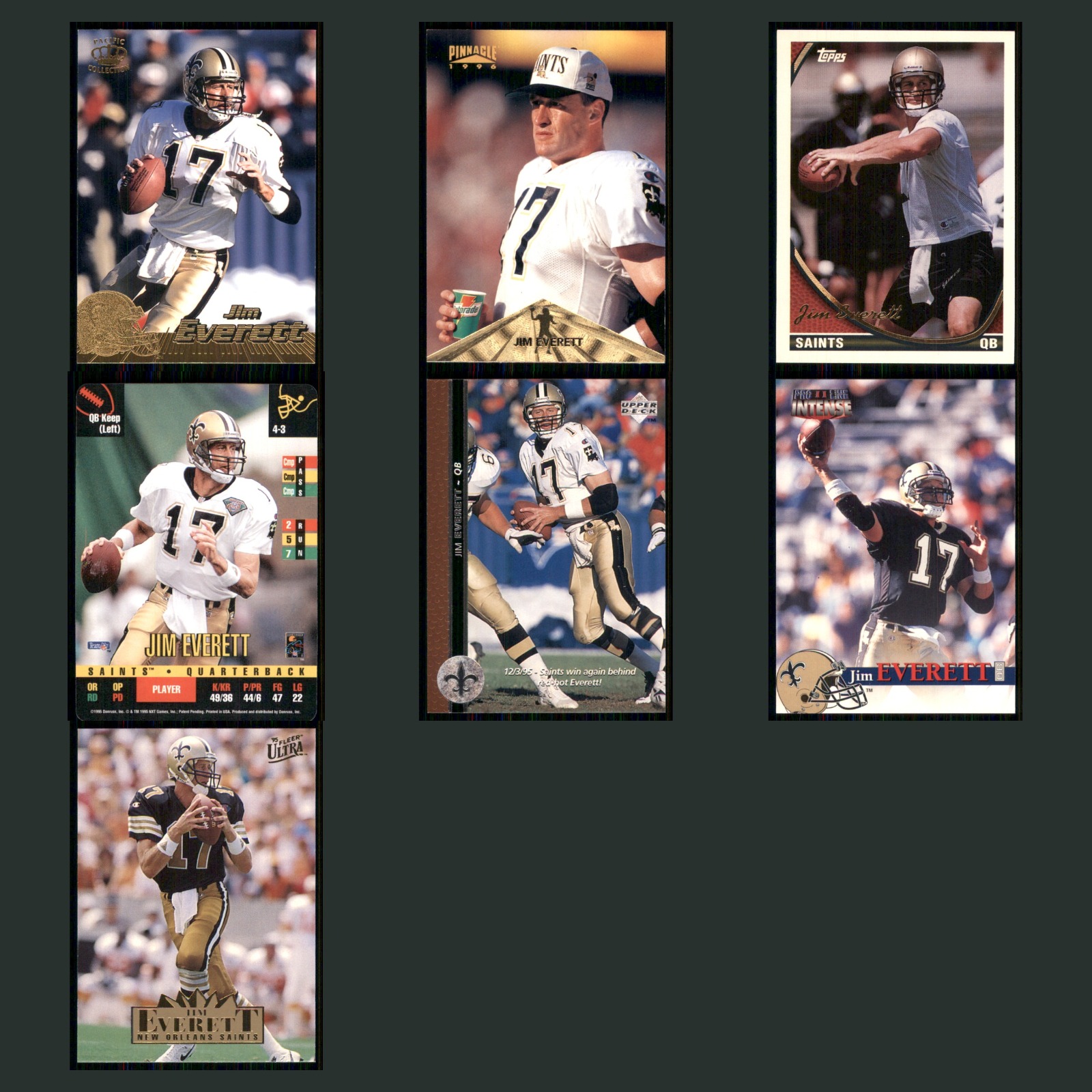 Jim Everett Lot 7 Football Cards 1996 Pacific Trading Cards Pacific Saints Set card scans. Overall card condition is Near Mint.