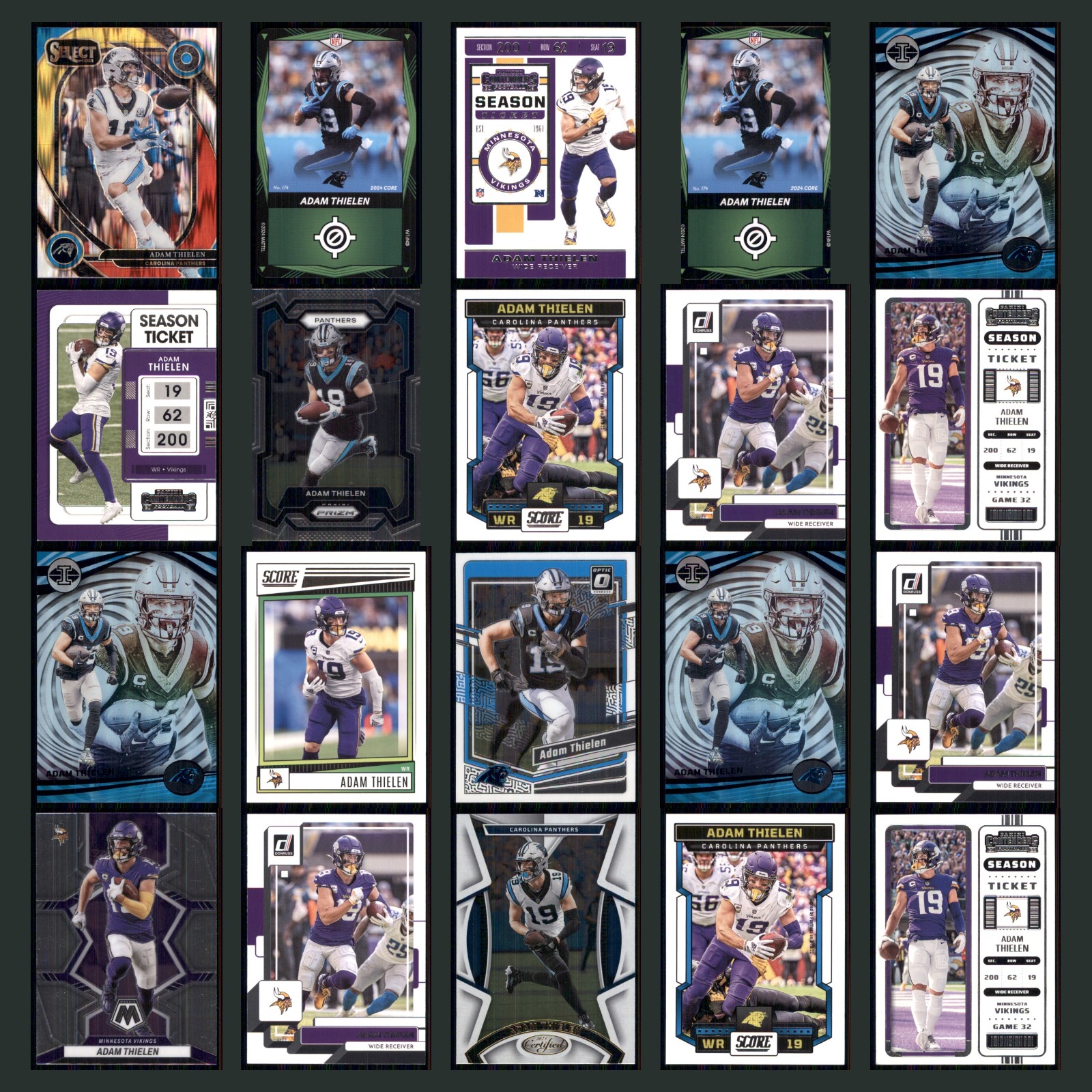 Adam Thielen Lot 20 Football Cards 2024 Panini Select Carolina Panthers Set NFL card scans. Overall card condition is Near Mint.