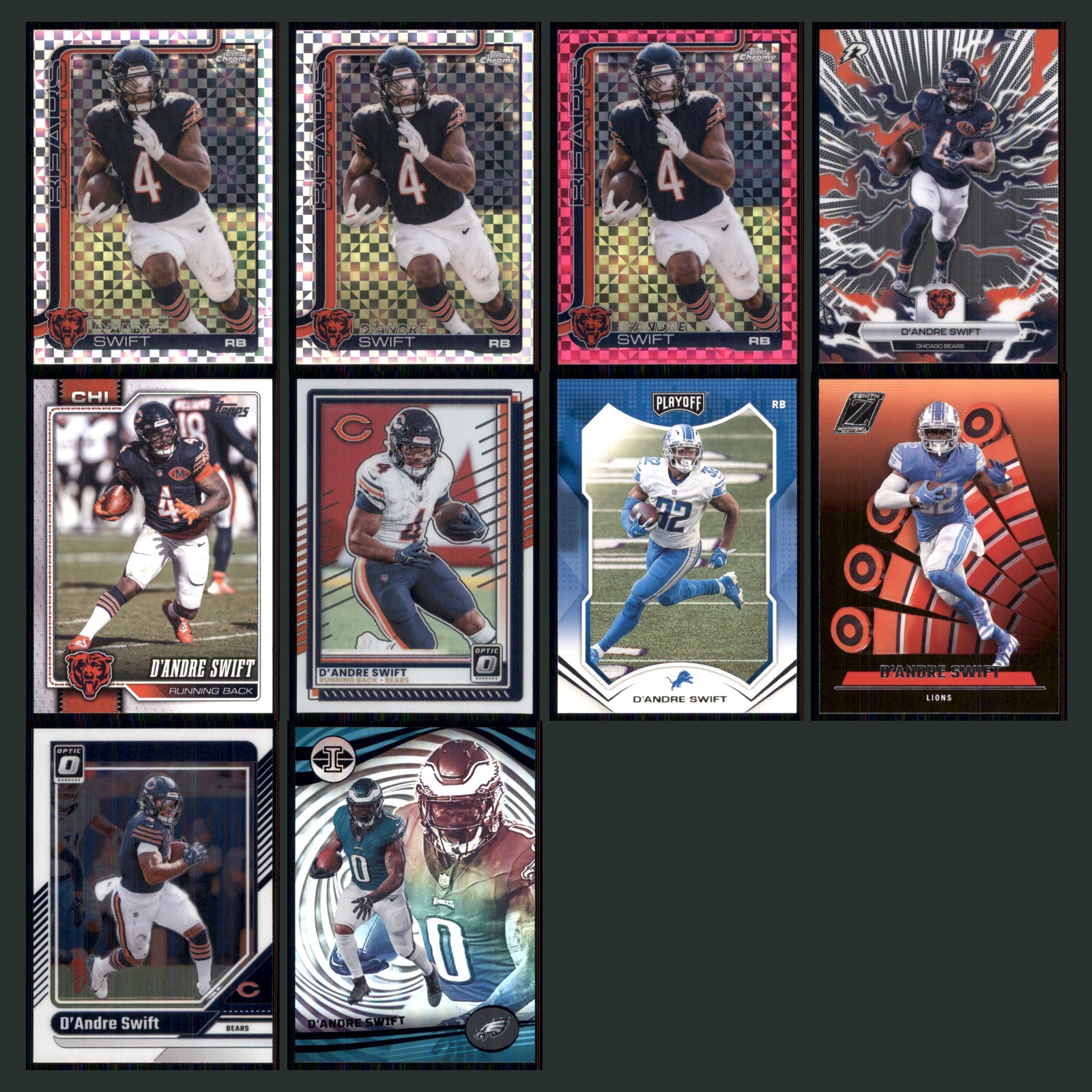 D'Andre Swift Lot 10 Football Cards 2025 Topps Chrome Set Collection NFL NM card scans. Overall card condition is Near Mint.
