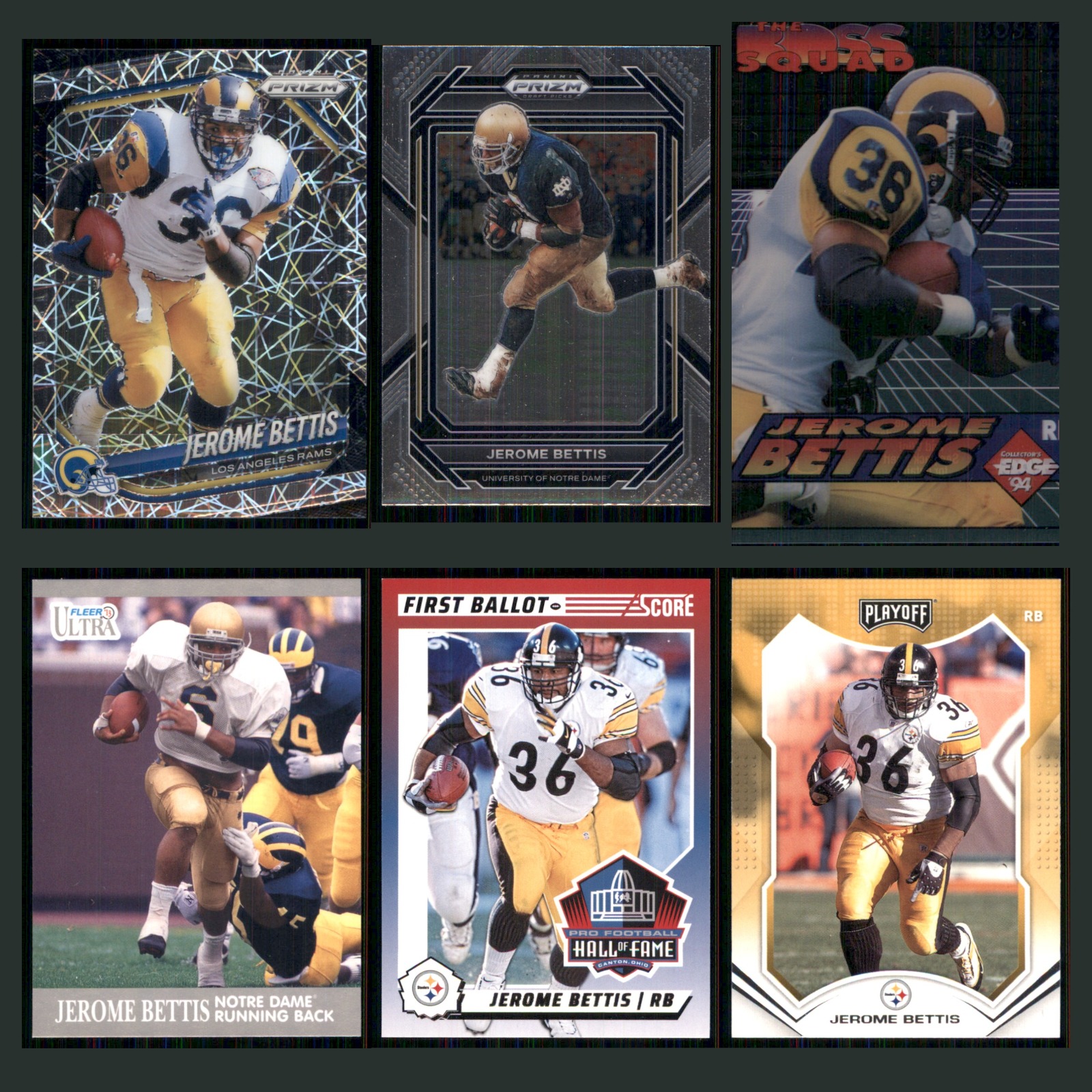 Jerome Bettis Lot 6 Football Cards 2025 Panini Los Angeles Rams Set Collection card scans. Overall card condition is Near Mint.
