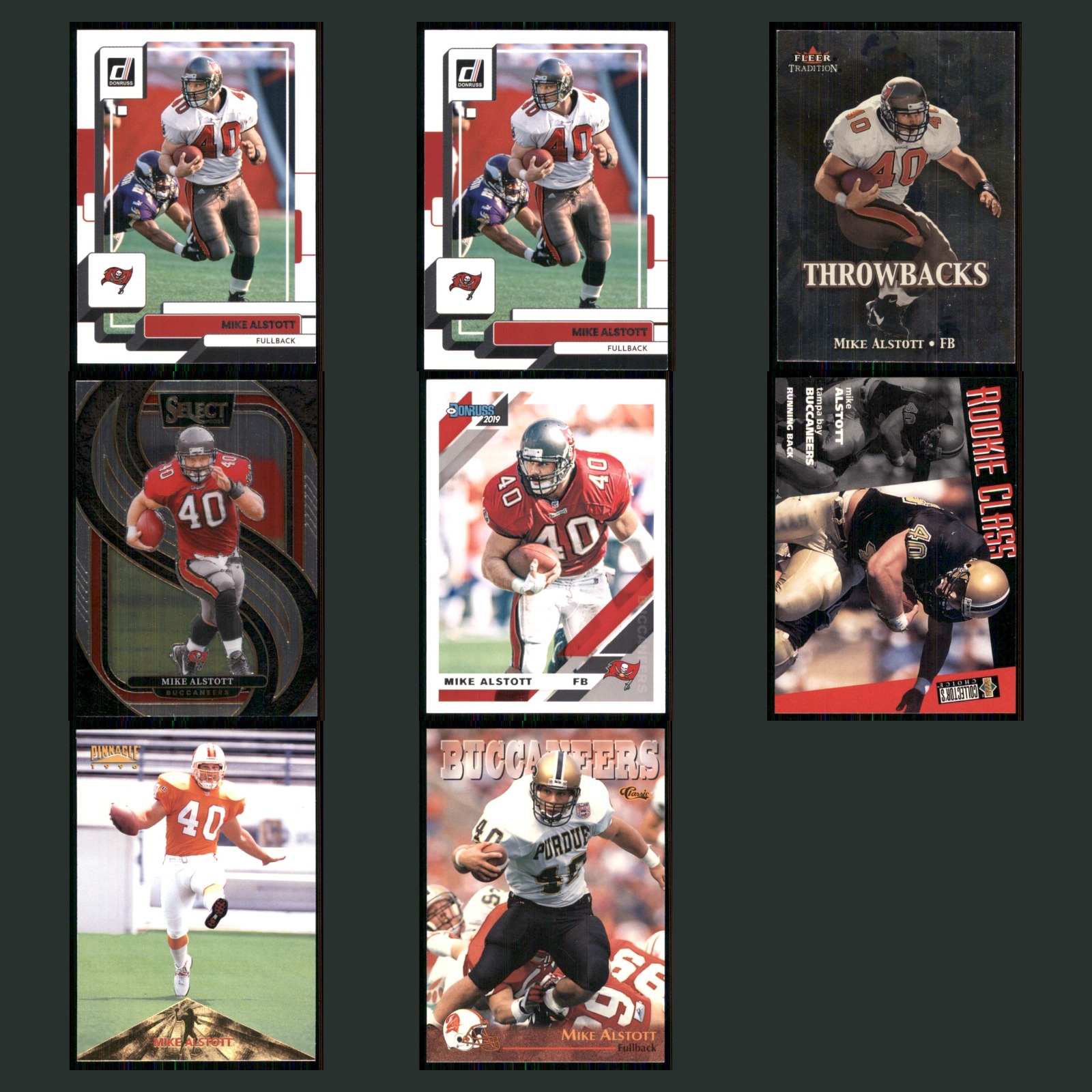 Mike Alstott Lot 8 Football Cards 2022 Panini Donruss Tampa Bay Buccaneers Set card scans. Overall card condition is Near Mint.