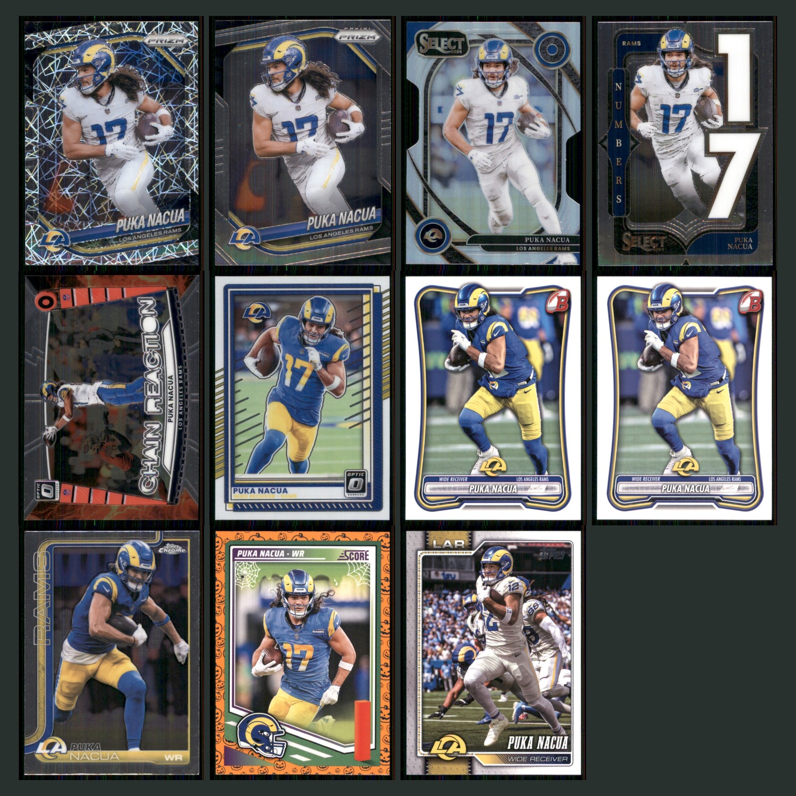 Puka Nacua Lot 11 Football Cards 2025 Panini Los Angeles Rams Set Collection NFL card scans. Overall card condition is Near Mint.
