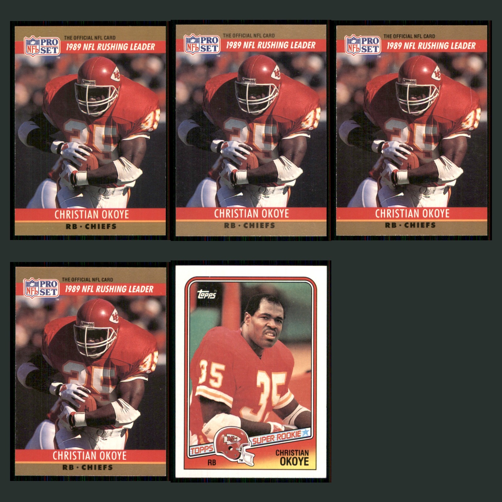 Christian Okoye Lot 5 Football Cards 1990 Pro Set Kansas City Chiefs Set NFL NM card scans. Overall card condition is Near Mint.