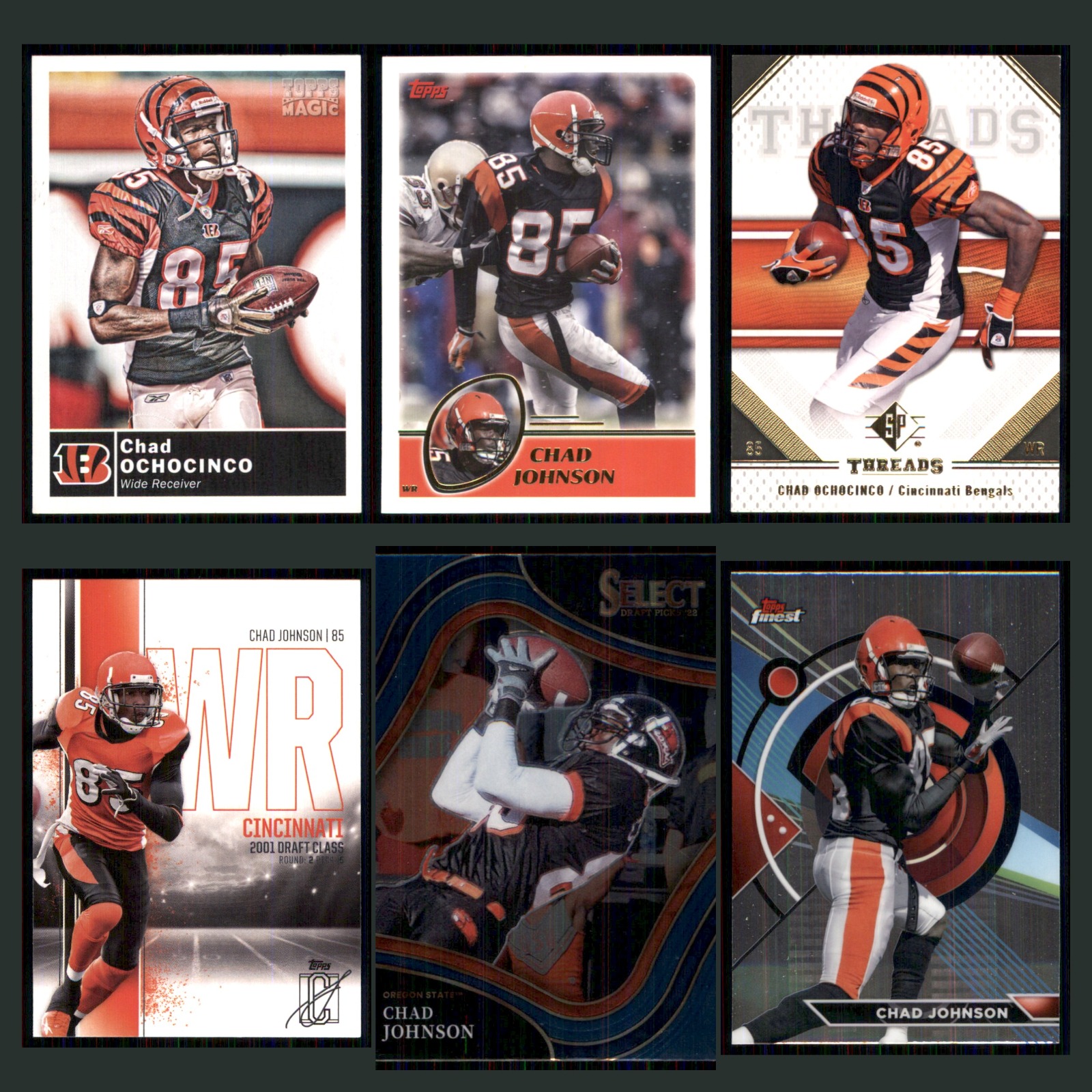 Chad Ochocinco Johnson Lot 6 Football Cards 2010 Topps Magic Cincinnati Bengals card scans. Overall card condition is Near Mint.