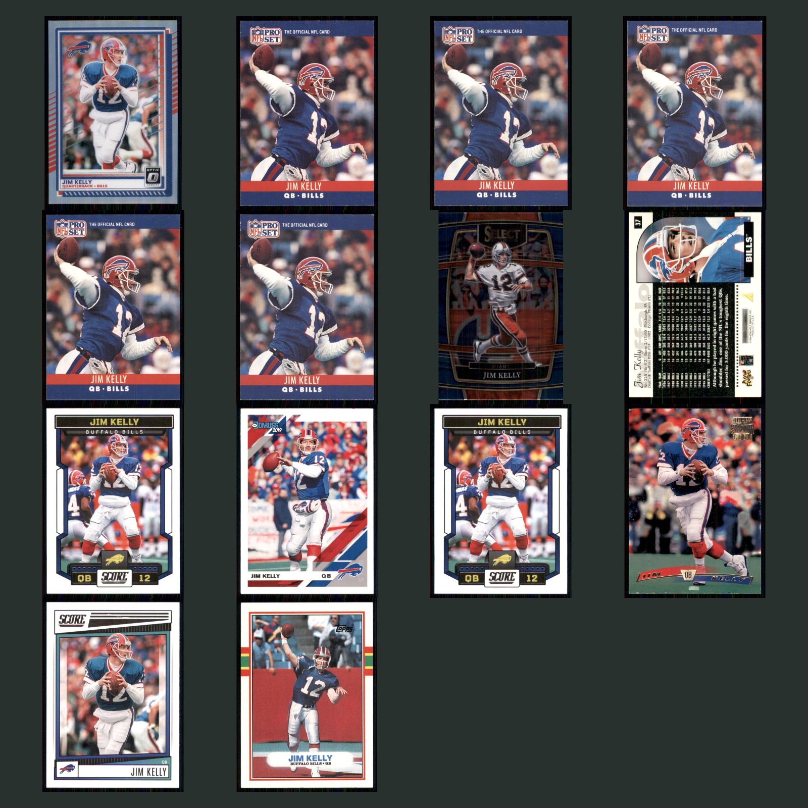 Jim Kelly Lot 14 Football Cards 2025 Panini Optic Buffalo Bills Set Collection card scans. Overall card condition is Near Mint.
