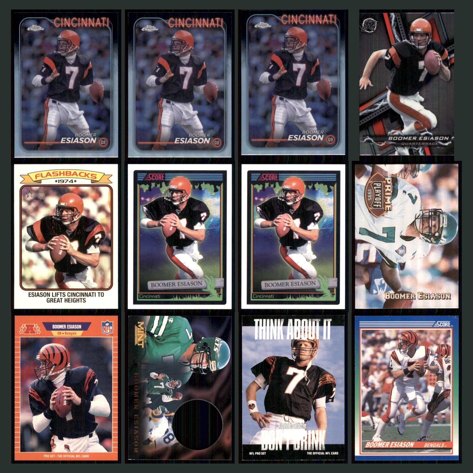 Boomer Esiason Lot 12 Football Cards 2024 Topps Chrome Cincinnati Set Collection card scans. Overall card condition is Near Mint.