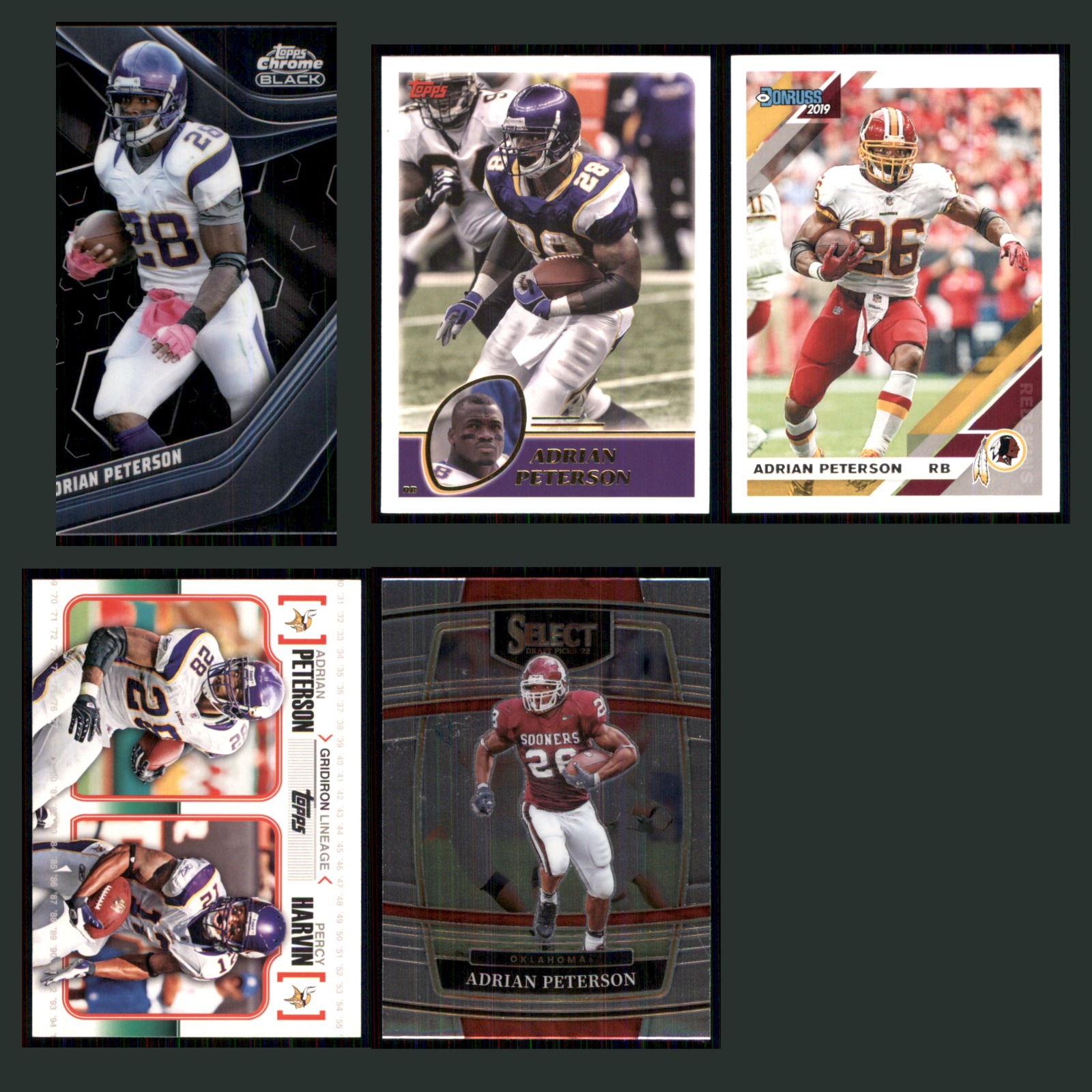 Adrian Peterson Lot 5 Football Cards 2024 Topps Chrome Black Minnesota Set NFL card scans. Overall card condition is Near Mint.