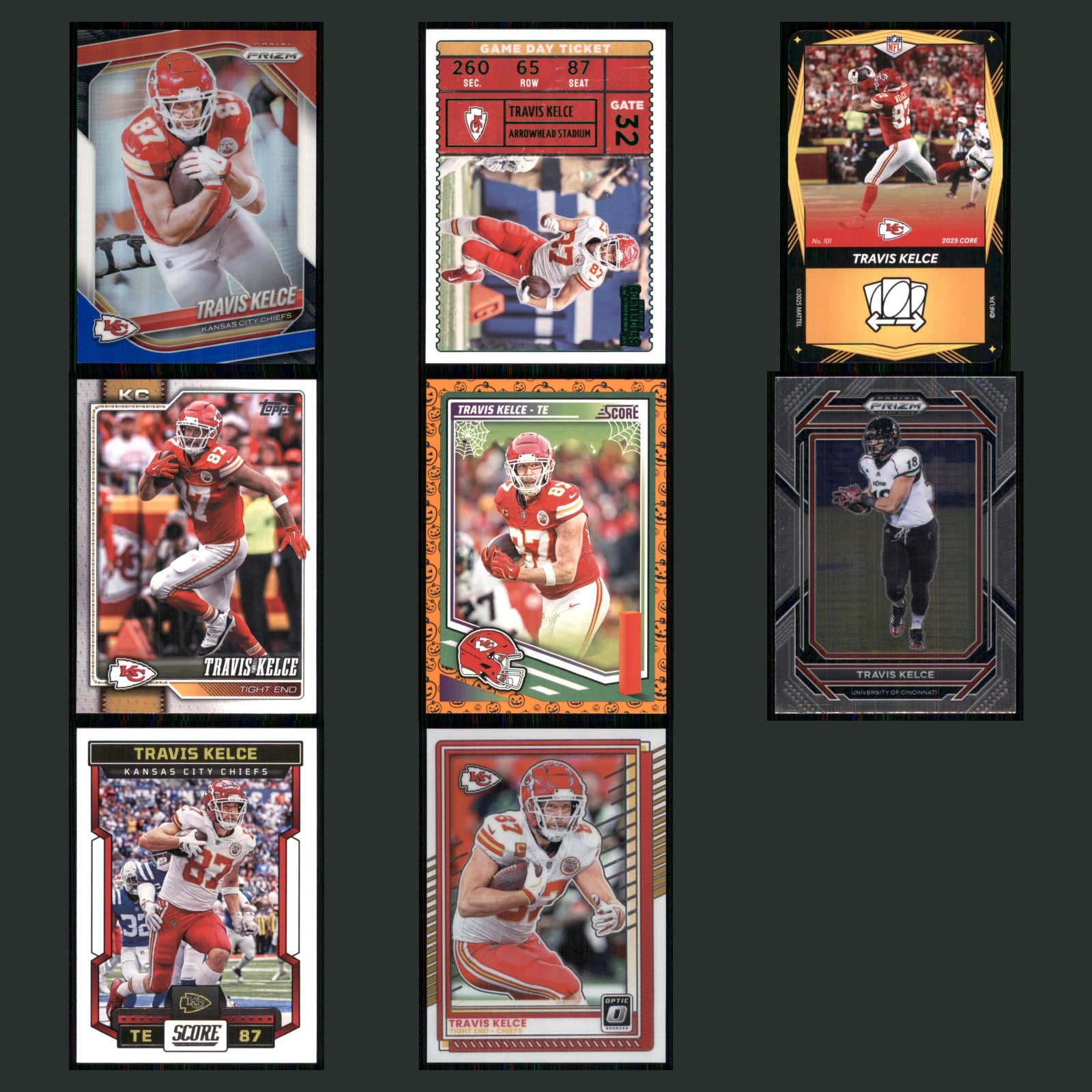Travis Kelce Lot 8 Football Cards 2025 Panini Prizm Kansas City Chiefs Set NFL card scans. Overall card condition is Near Mint.