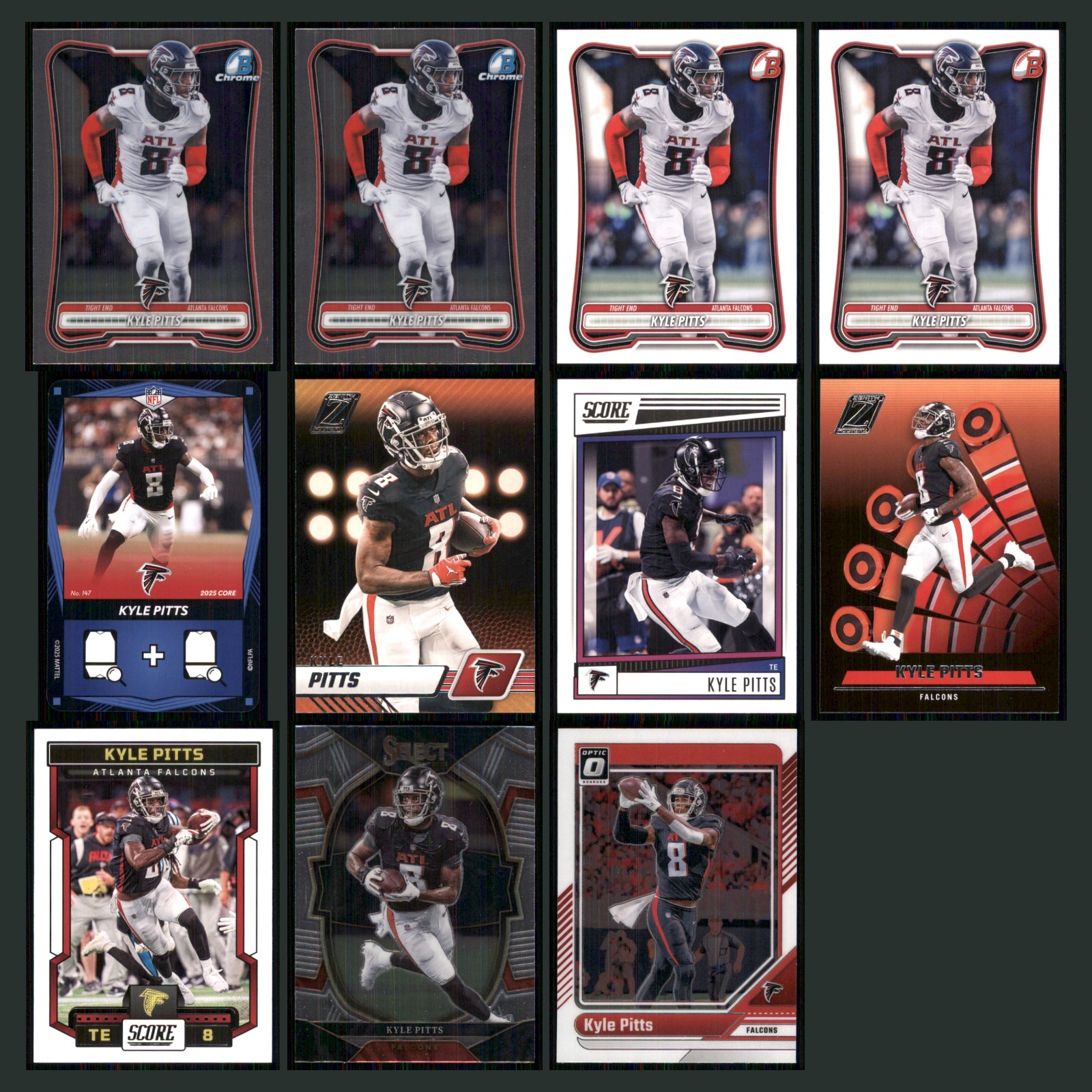 Kyle Pitts Lot 11 Football Cards 2025 Topps Chrome Atlanta Falcons Set NFL NM card scans. Overall card condition is Near Mint.