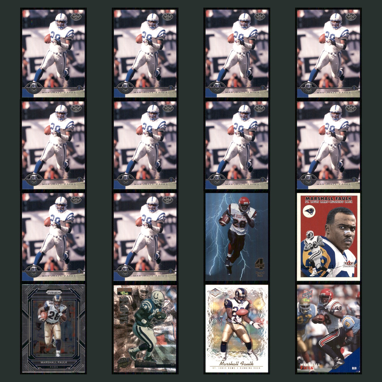 Marshall Faulk Lot 16 Football Cards 1996 Leaf Indianapolis Colts Set Collection card scans. Overall card condition is Near Mint.