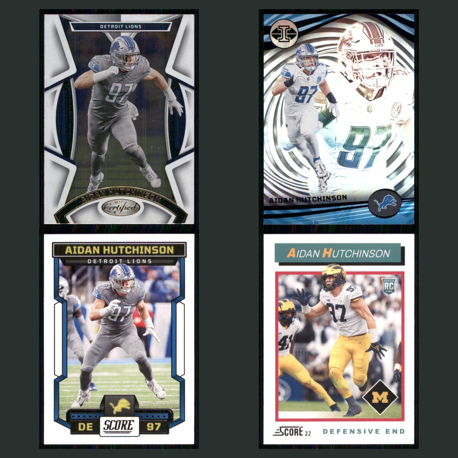 Aidan Hutchinson Lot 4 Football Cards 2023 Panini Detroit Lions Set Collection card scans. Overall card condition is Near Mint.