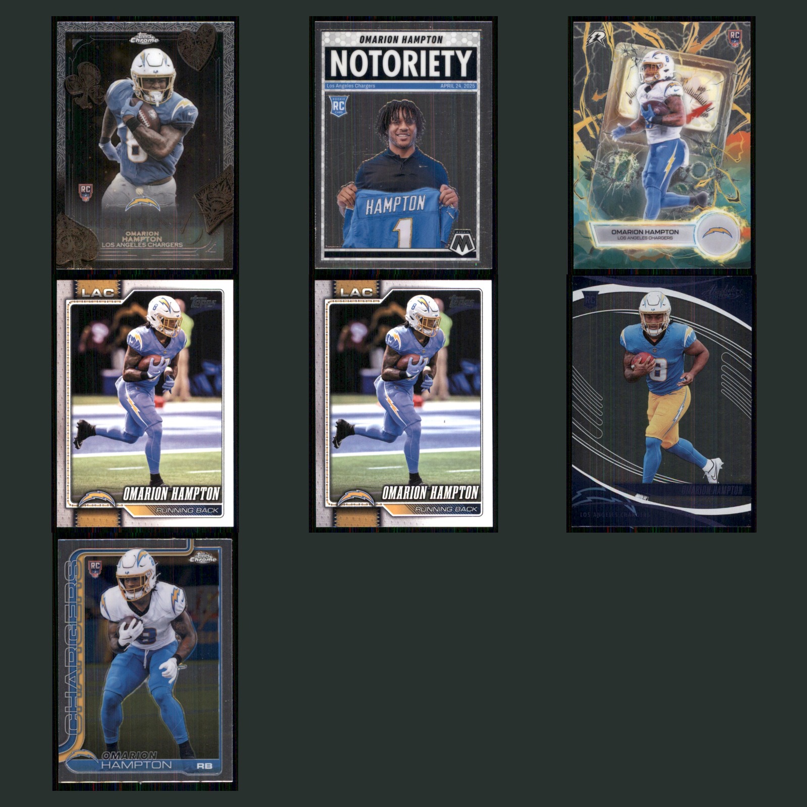 Omarion Hampton Rookie Lot 7 Football Cards 2025 Topps Chrome Chargers Set NFL card scans. Overall card condition is Near Mint.