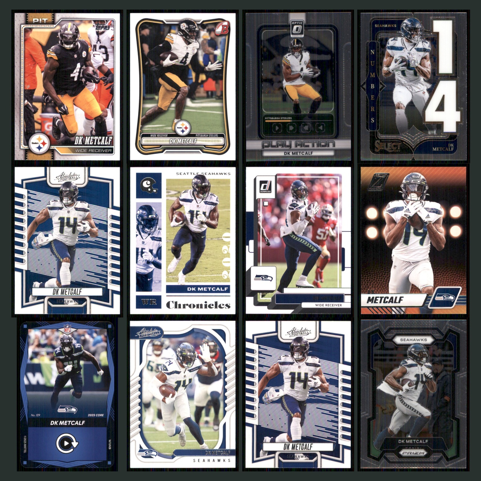 DK Metcalf Lot 12 Football Cards 2025 Topps Pittsburgh Steelers Set Collection card scans. Overall card condition is Near Mint.