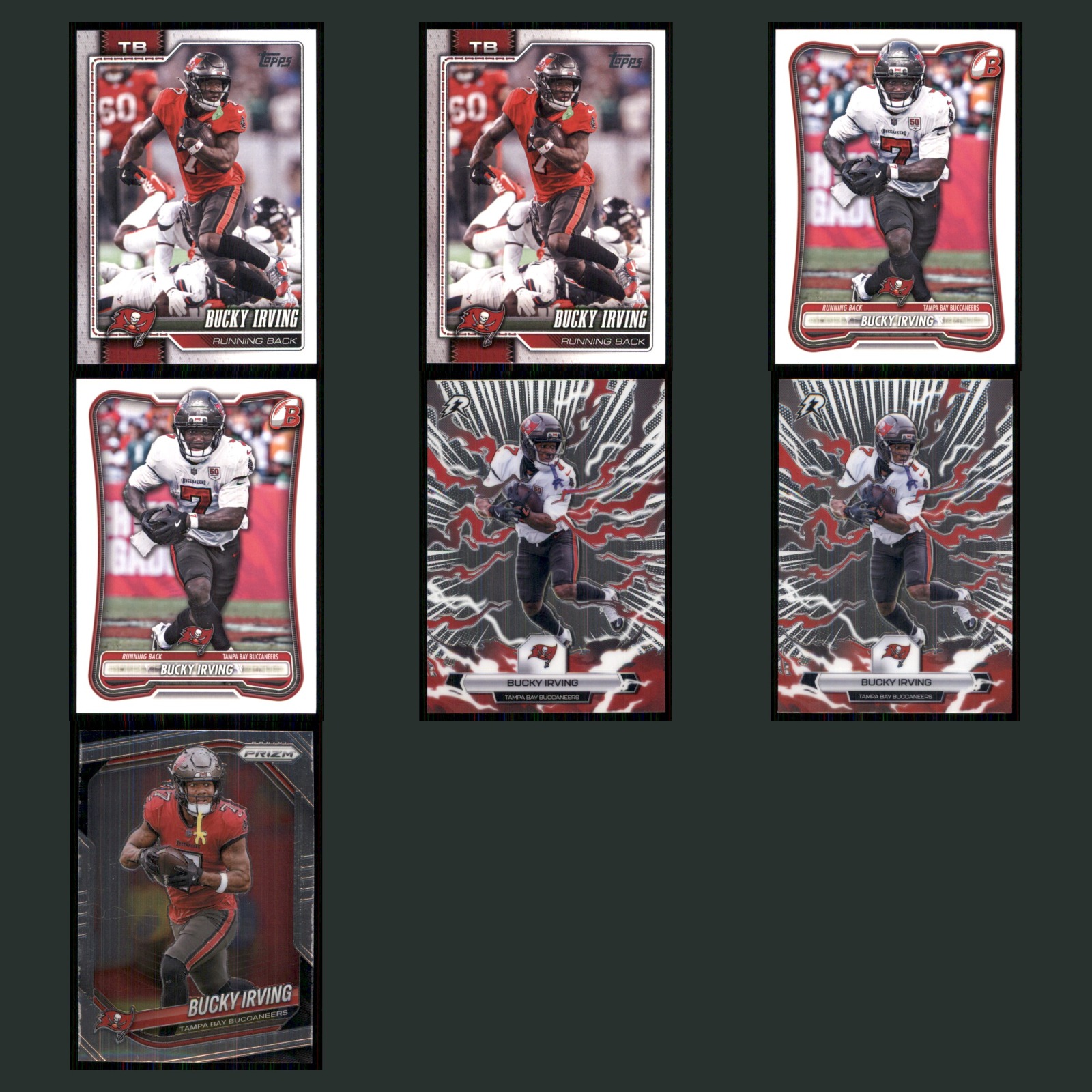 Bucky Irving Lot 7 Football Cards 2025 Topps Tampa Bay Buccaneers Set Collection card scans. Overall card condition is Near Mint.