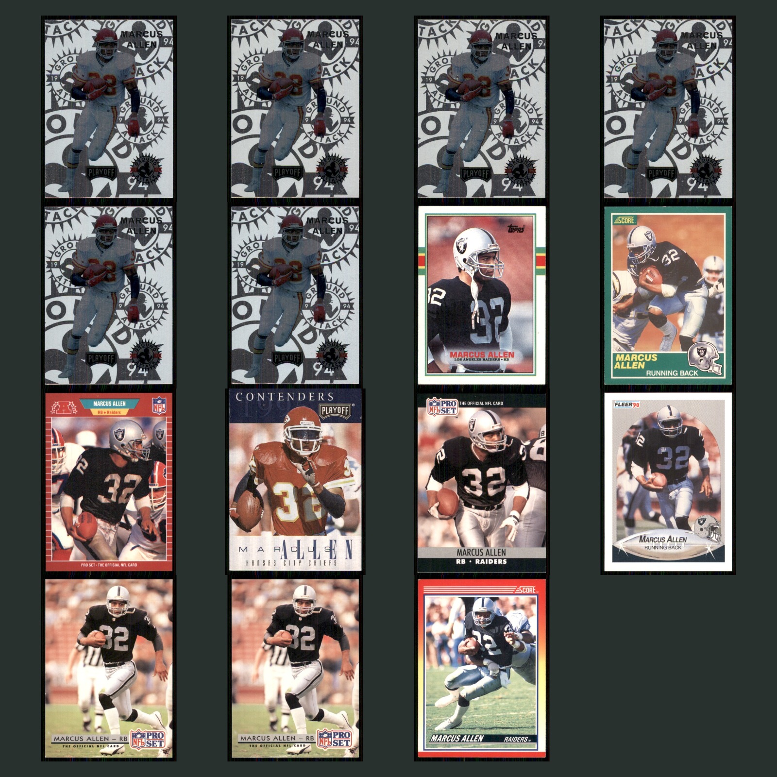 Marcus Allen Lot 15 Football Cards 1994 Playoff Kansas City Chiefs Set NFL NM card scans. Overall card condition is Near Mint.