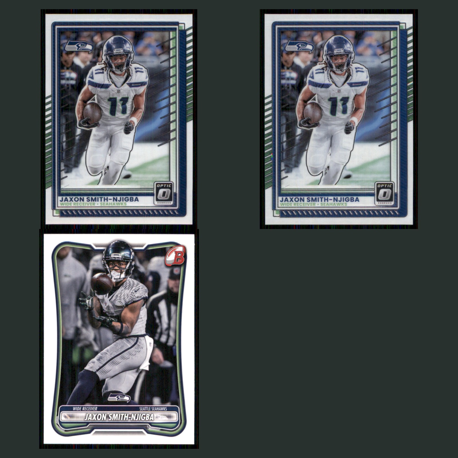 Jaxon Smith-Njigba Lot 3 Football Cards 2025 Donruss Optic Seattle Seahawks Set card scans. Overall card condition is Near Mint.
