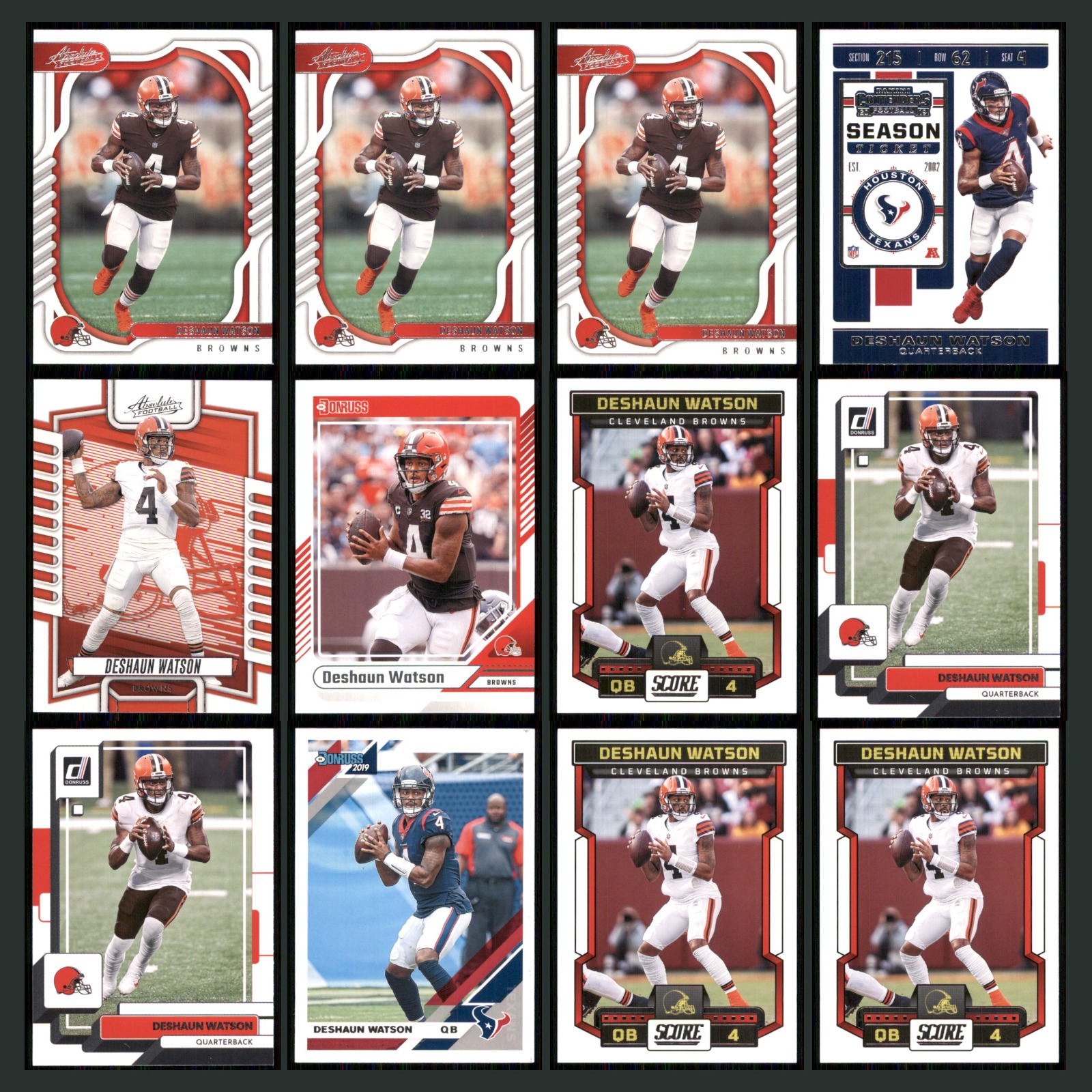 Deshaun Watson Lot 12 Football Cards 2022 Panini Absolute Cleveland Browns Set card scans. Overall card condition is Near Mint.