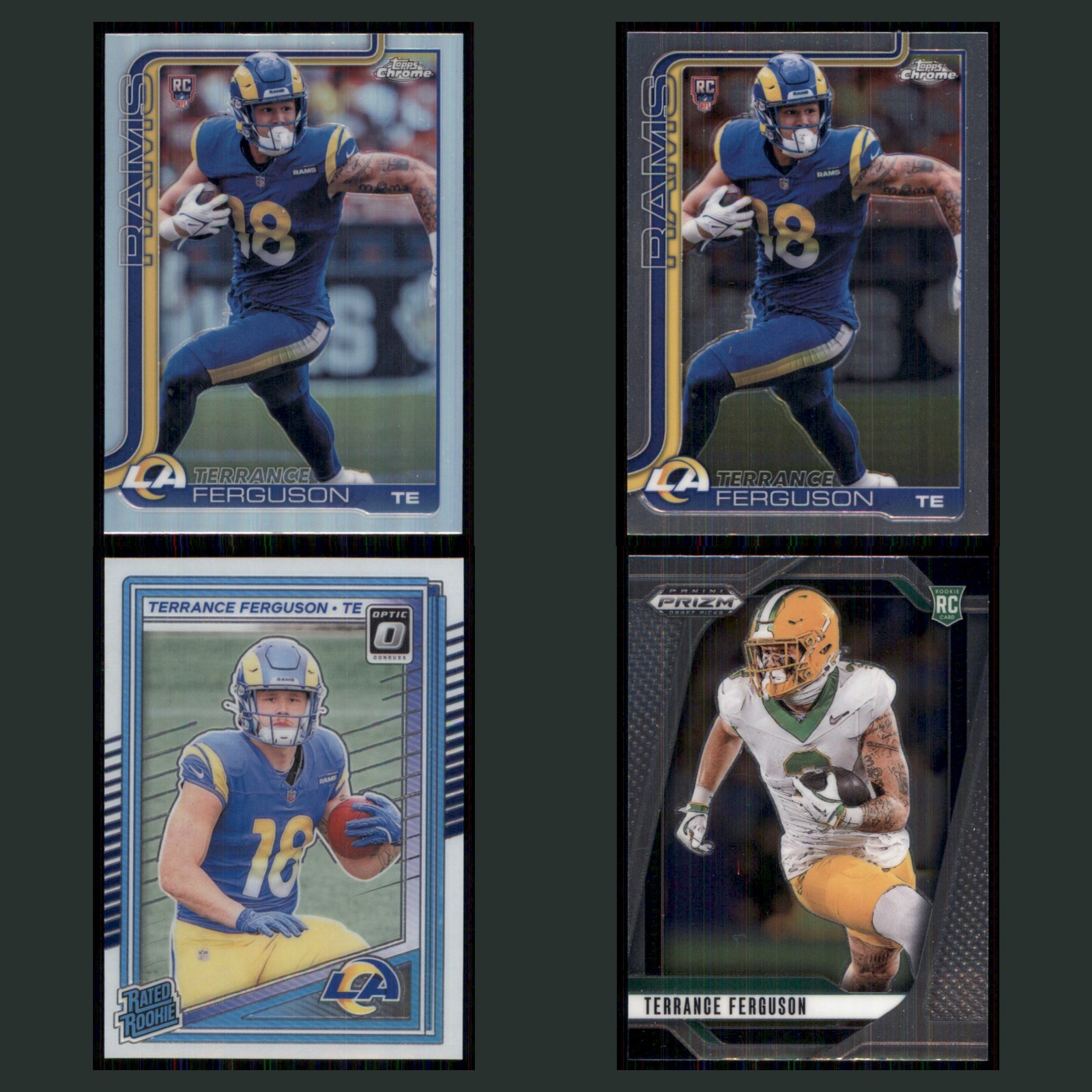 Terrance Ferguson Rookie Lot 4 Football Cards 2025 Topps Chrome Los Angeles Rams card scans. Overall card condition is Near Mint.
