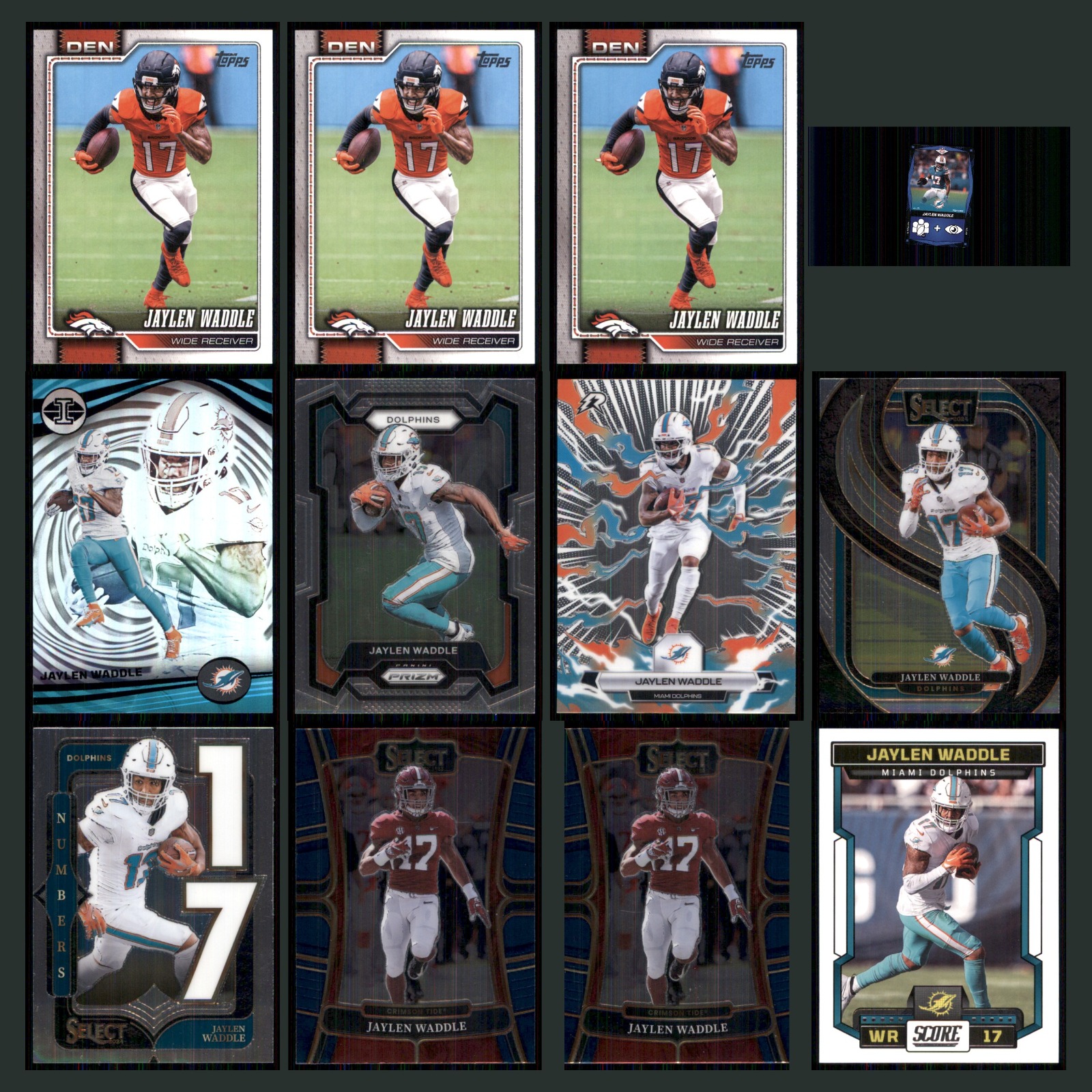 Jaylen Waddle Lot 12 Football Cards 2025 Topps Denver Broncos Set Collection NFL card scans. Overall card condition is Near Mint.