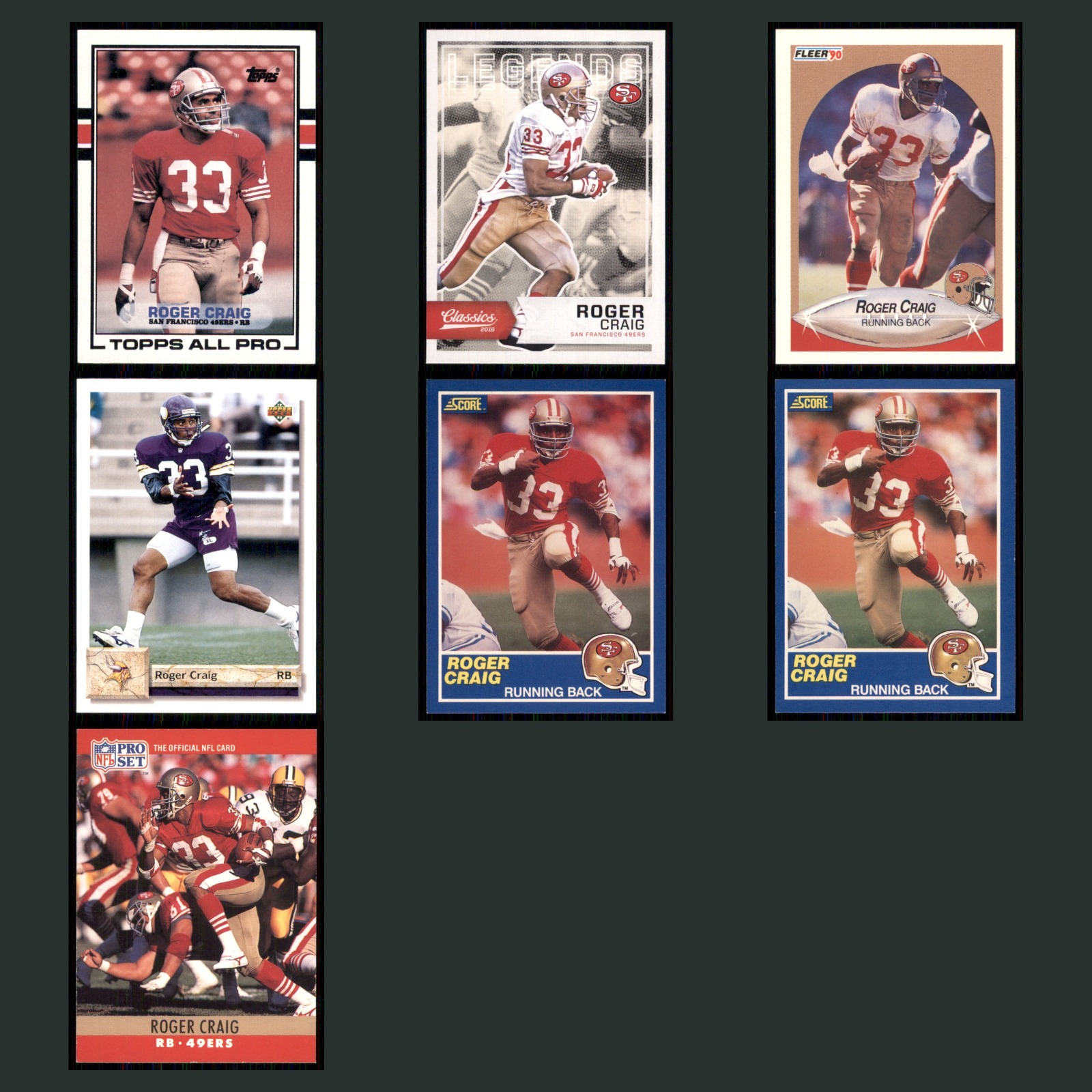 Roger Craig Lot 7 Football Cards 1989 Topps All Pro San Francisco 49ers Set NFL card scans. Overall card condition is Near Mint.
