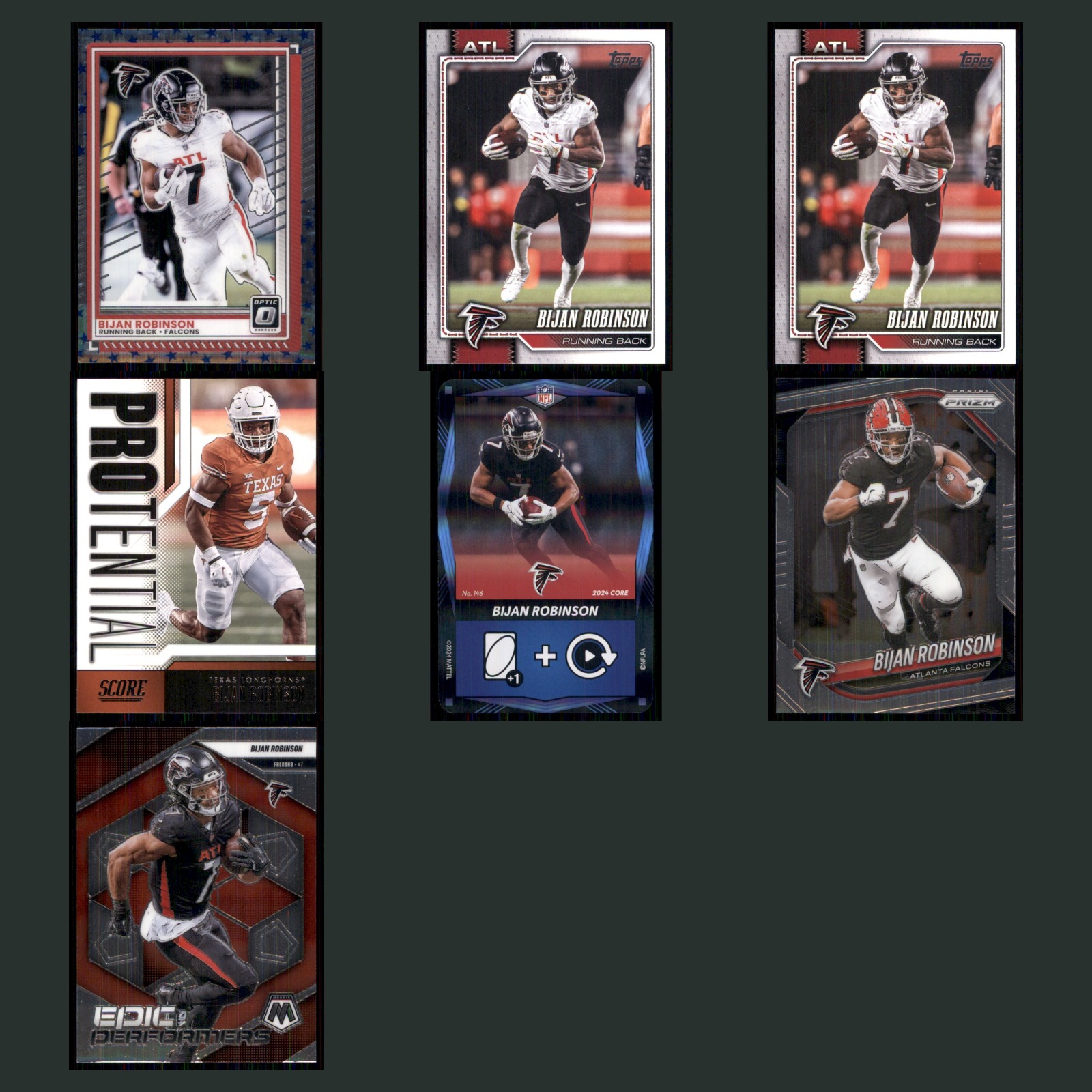 Bijan Robinson Lot 7 Football Cards 2025 Donruss Optic Atlanta Falcons Set NFL card scans. Overall card condition is Near Mint.